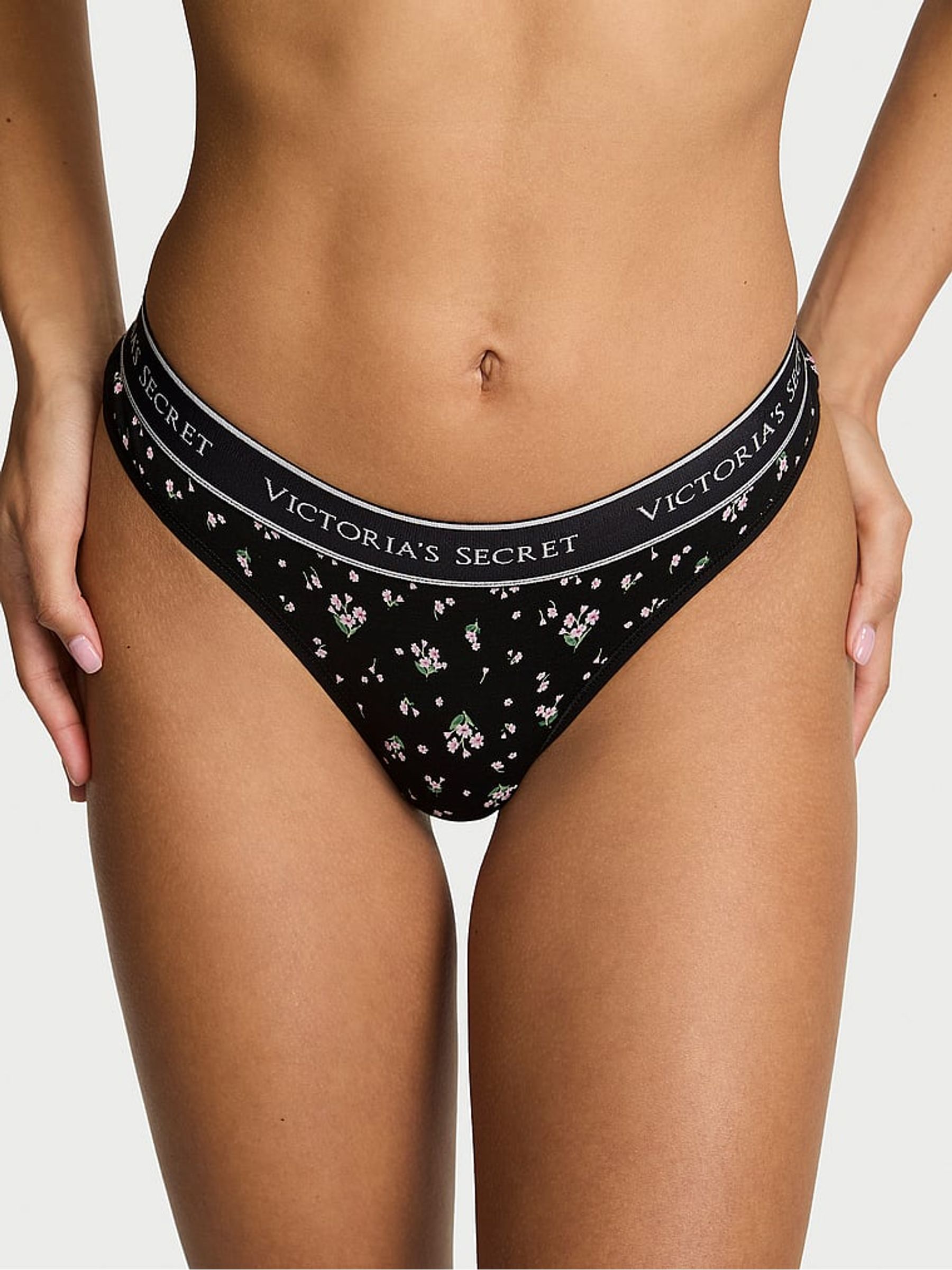 Black Ditsy Floral Thong Logo Knickers - Image 1 of 2