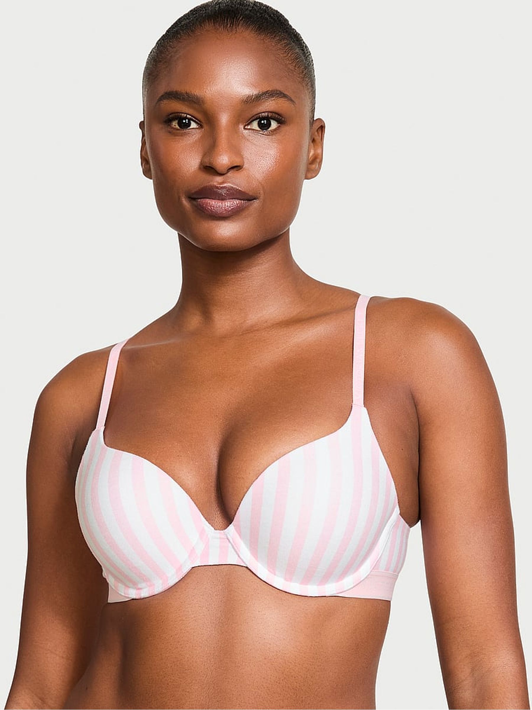 Pink Stripe Full Cup Push Up Cotton Logo Bra - Image 1 of 2