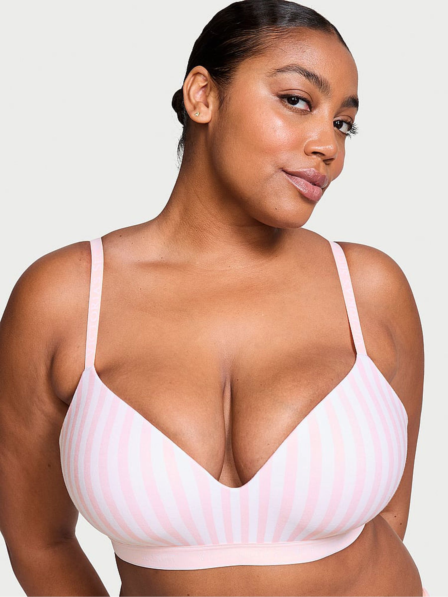 Pink Stripe Lightly Lined Non Wired Cotton Logo Bra - Image 1 of 2
