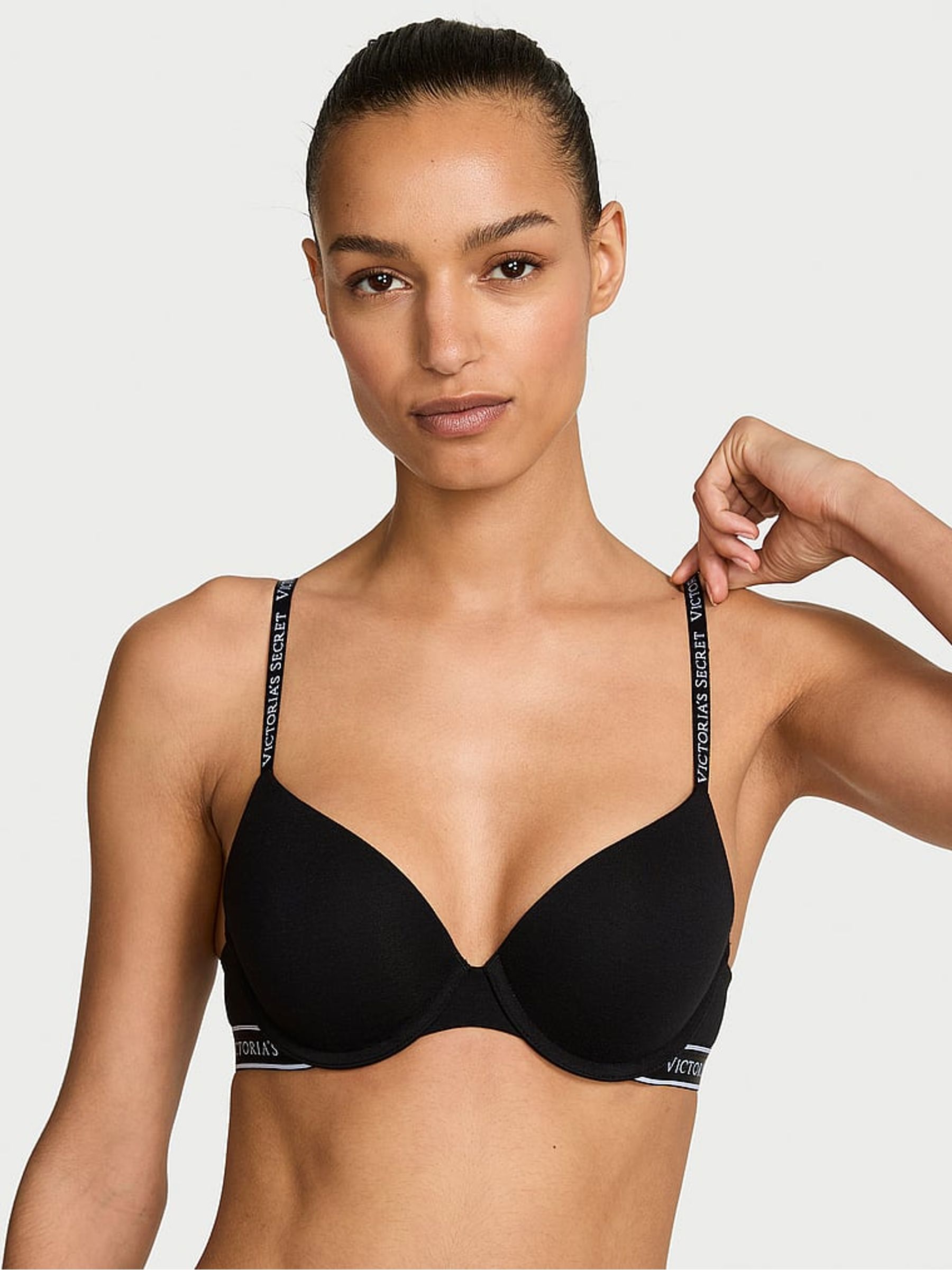 Black Full Cup Push Up Cotton Logo Bra - Image 1 of 3