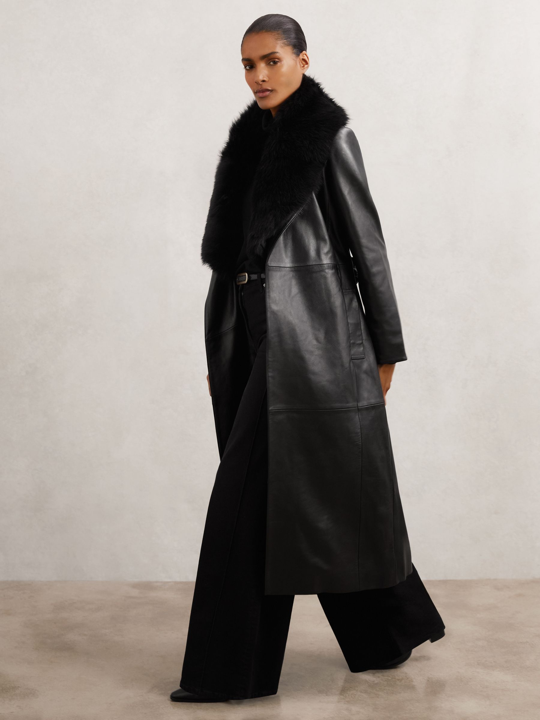 Leather Trench Coat With Shearling Collar