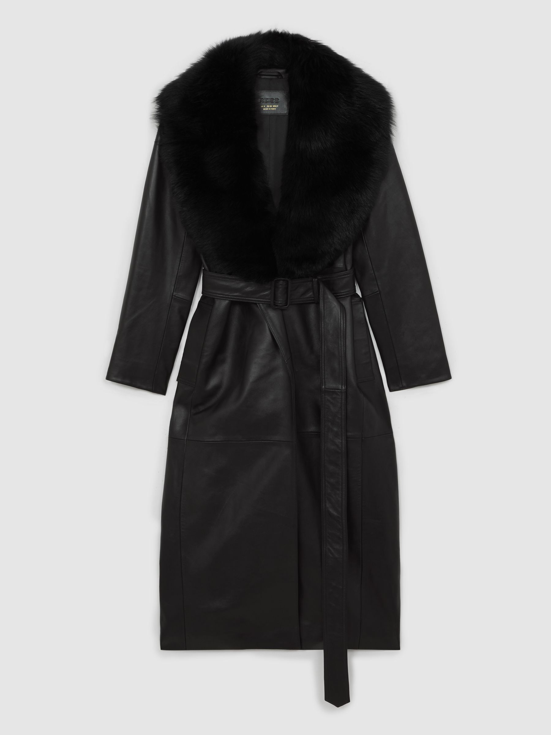 Leather Trench Coat With Shearling Collar in Black - Image 2 of 7
