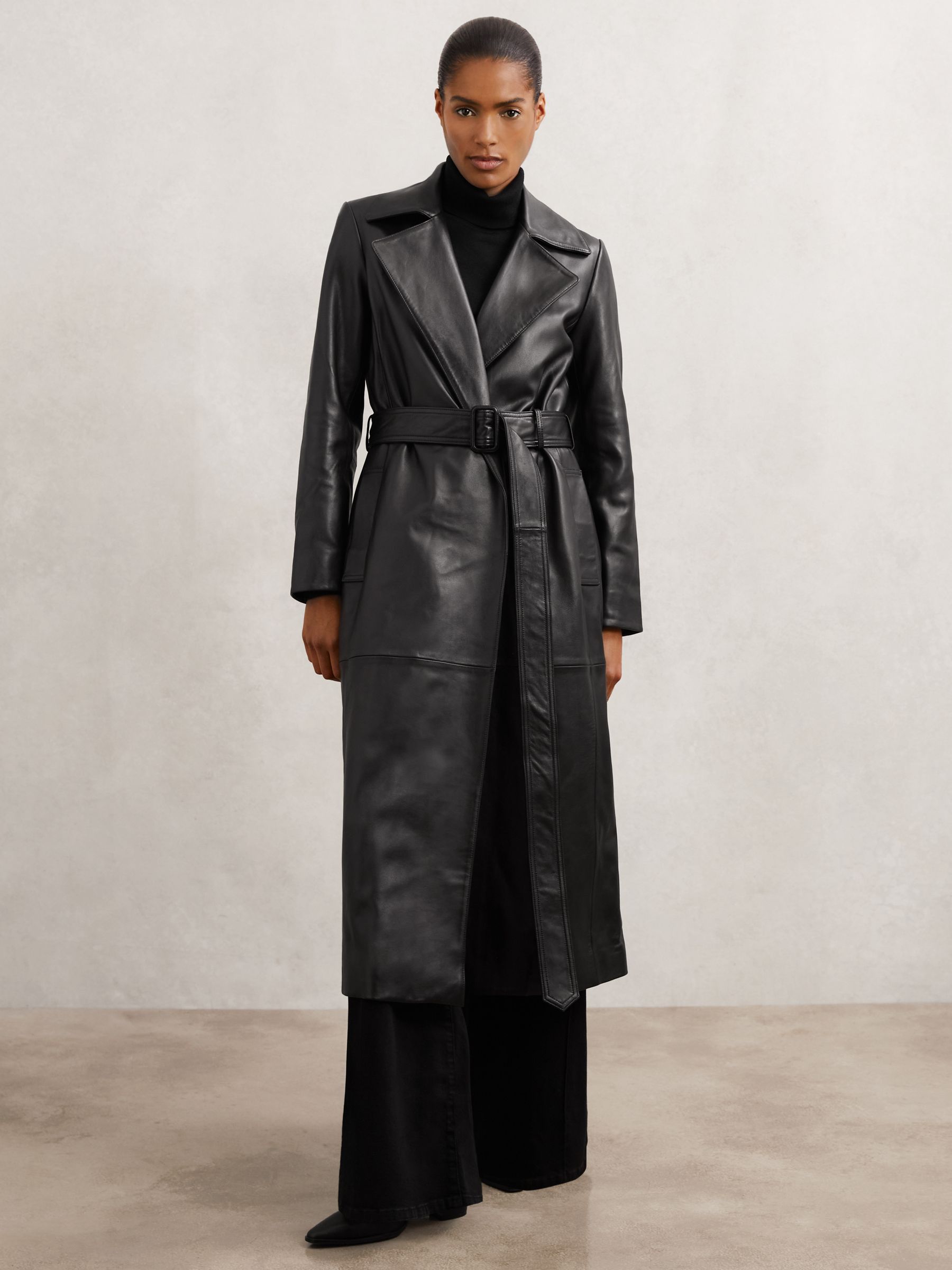 Reiss Leather Trench Coat With Shearling Collar in Black | REISS