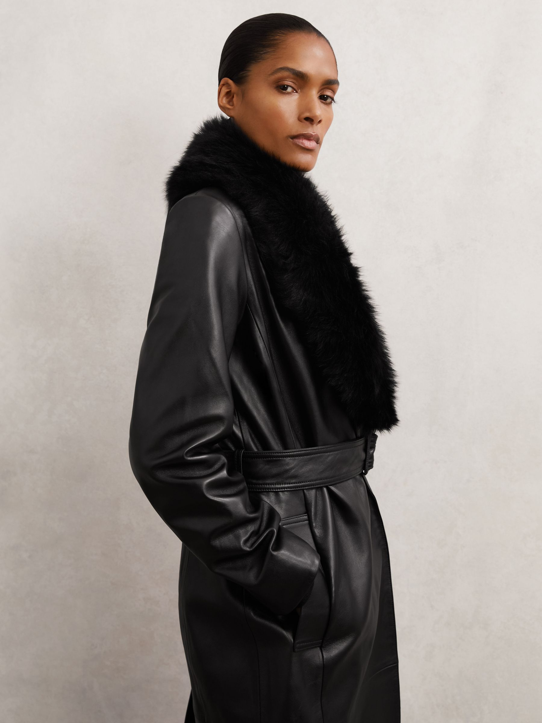 Leather Trench Coat With Shearling Collar in Black - Image 5 of 7