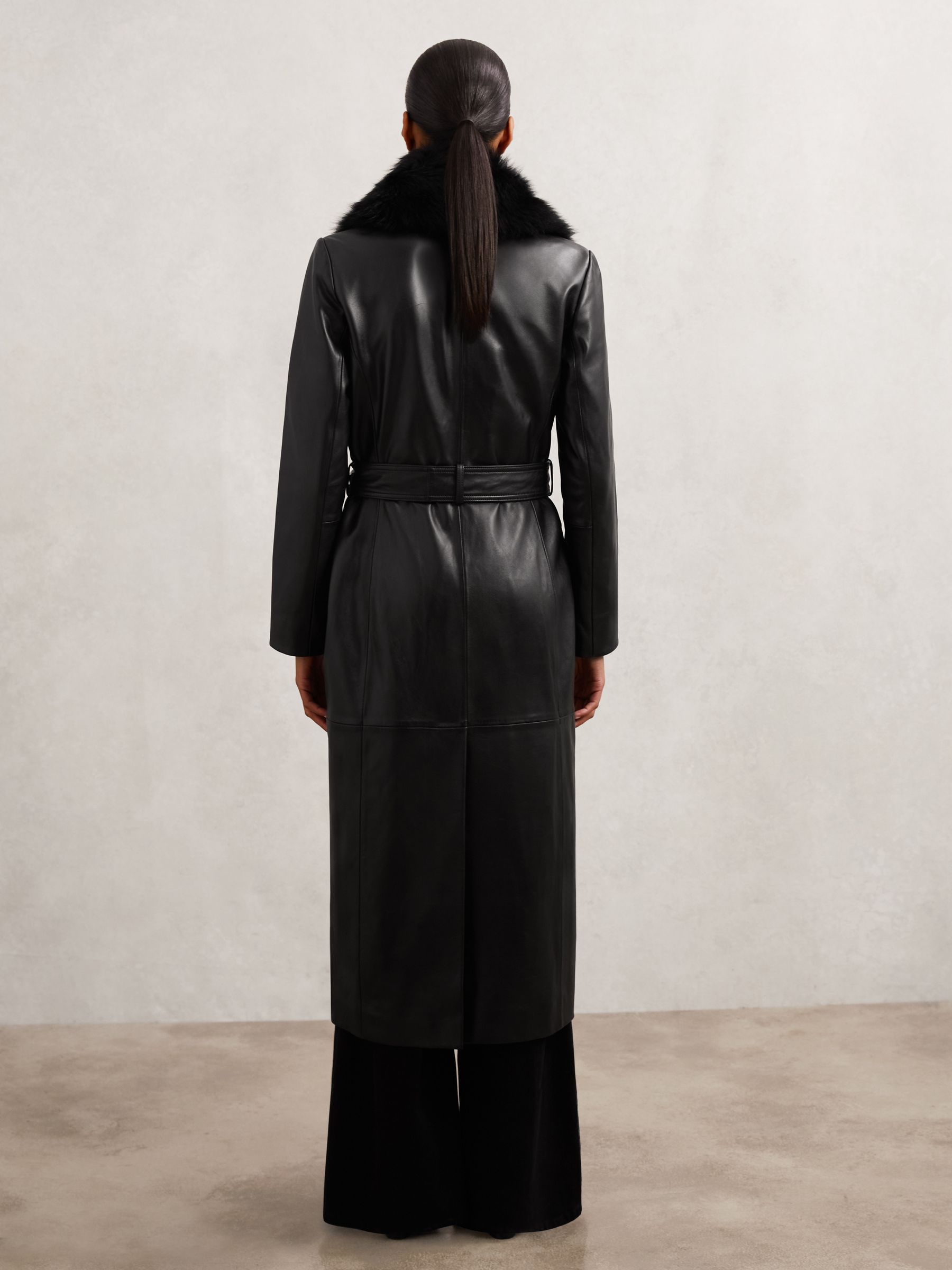 Leather Trench Coat With Shearling Collar in Black - Image 6 of 7
