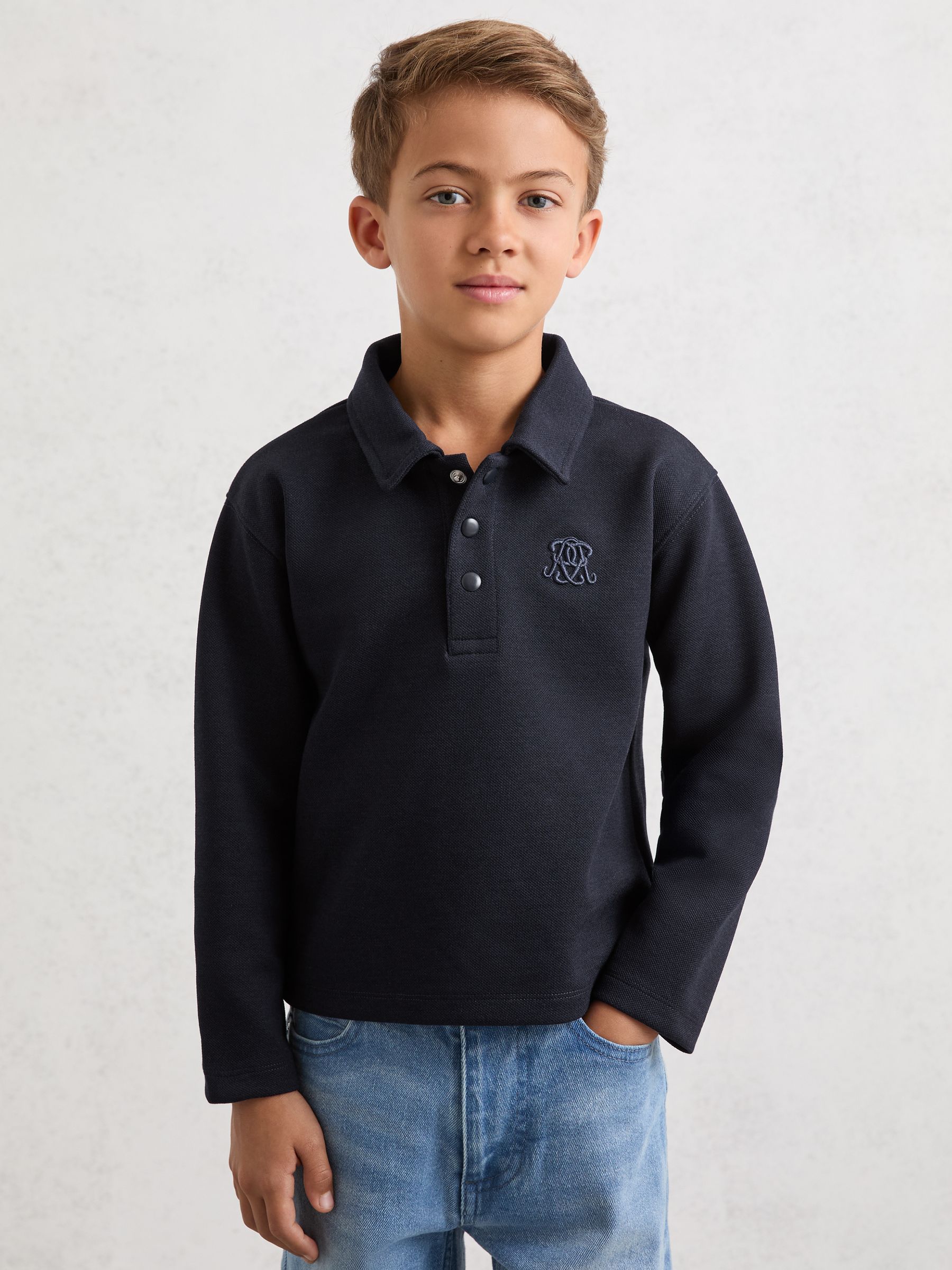 3-9 yrs Monogram Embroidered Polo Shirt in Navy Blue - Image 3 of 5