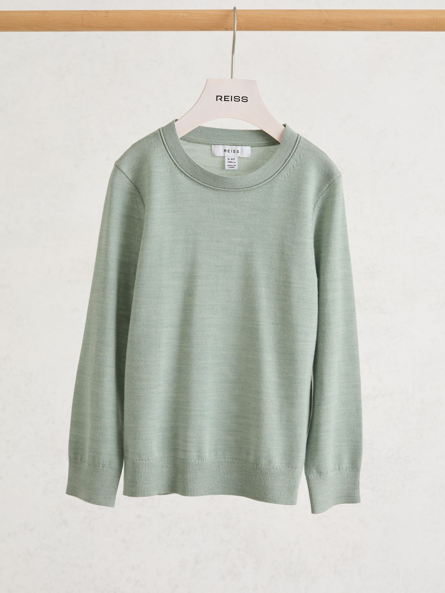 13-14 yrs Merino Wool Crew-Neck Jumper in Light Sage Green - Image 2 of 4