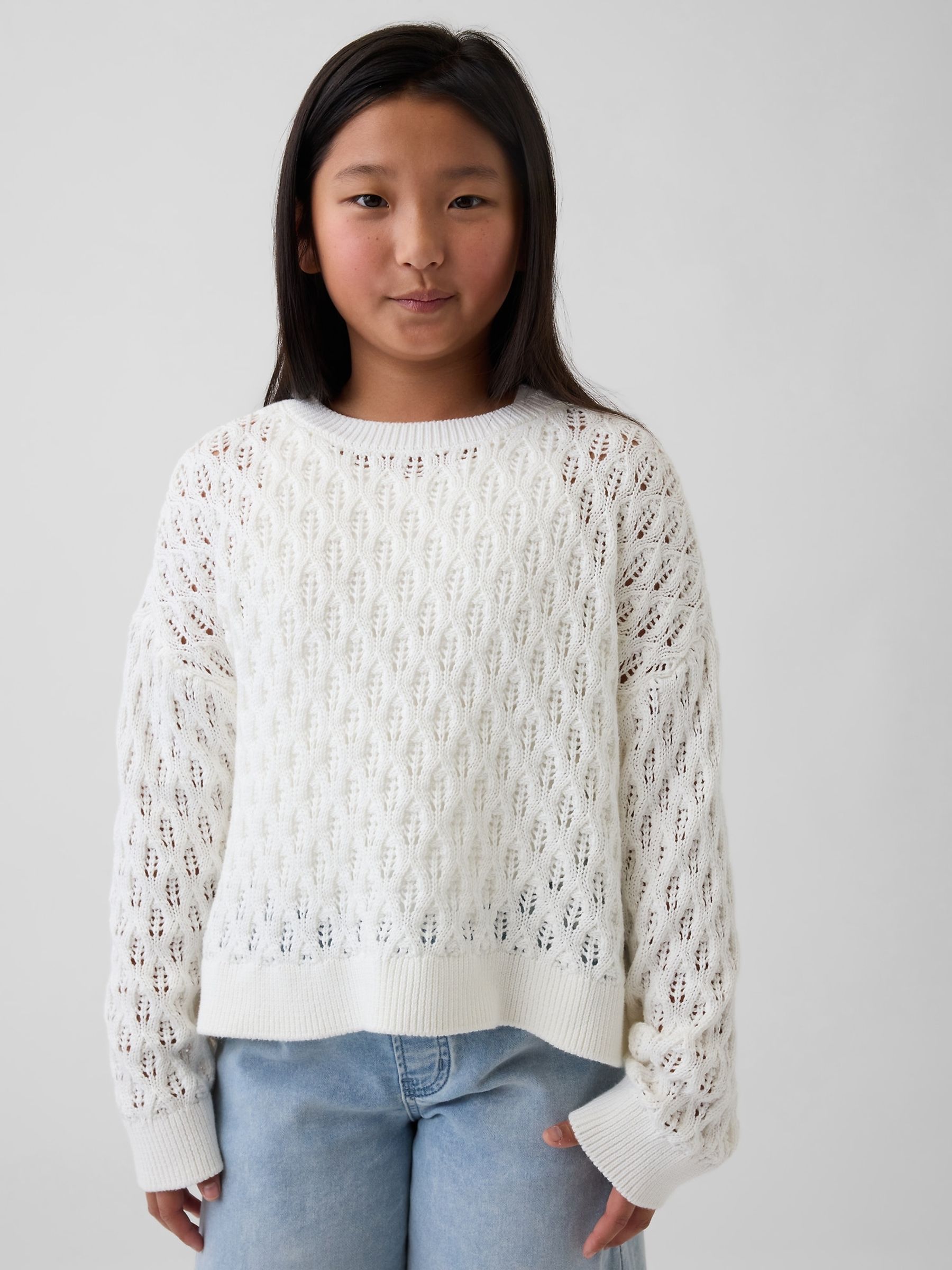 White Crochet Oversized Crew Neck Jumper - Image 1 of 5