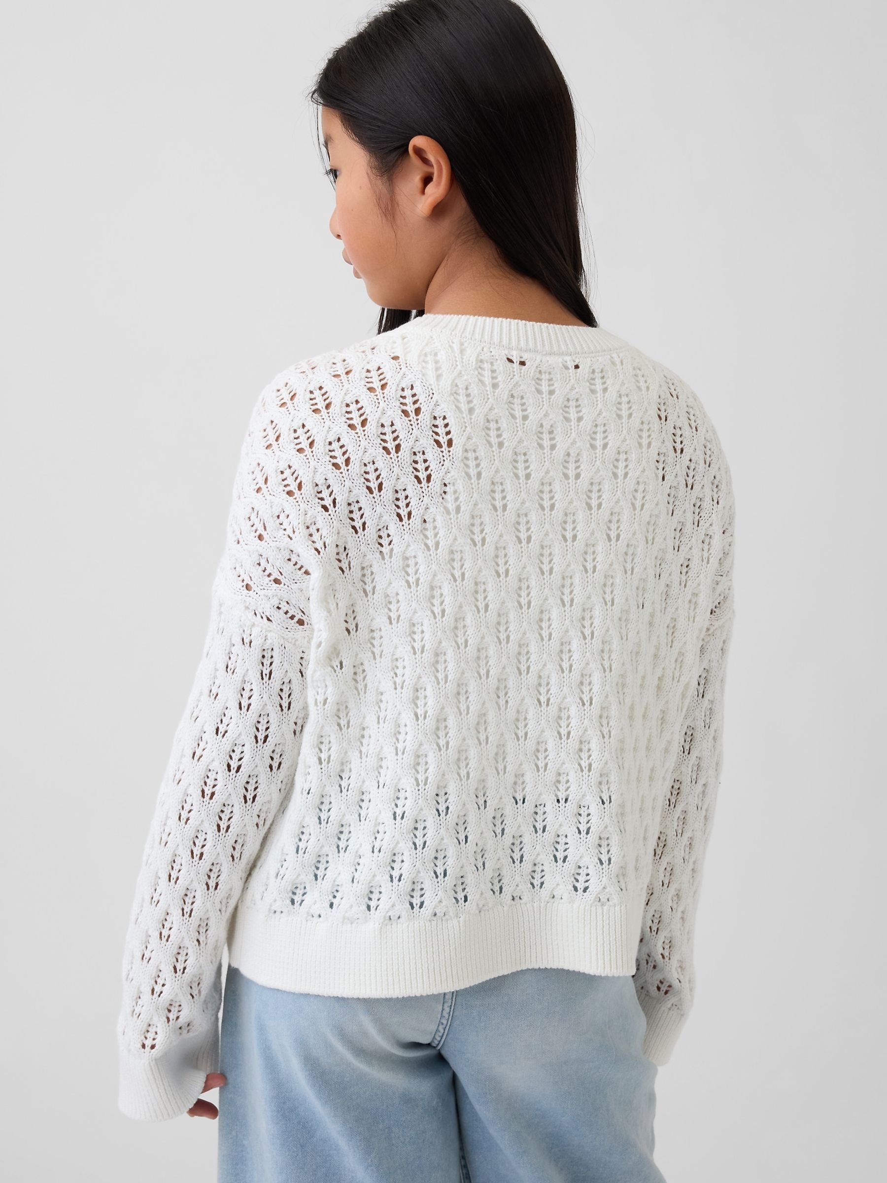 White Crochet Oversized Crew Neck Jumper - Image 2 of 5