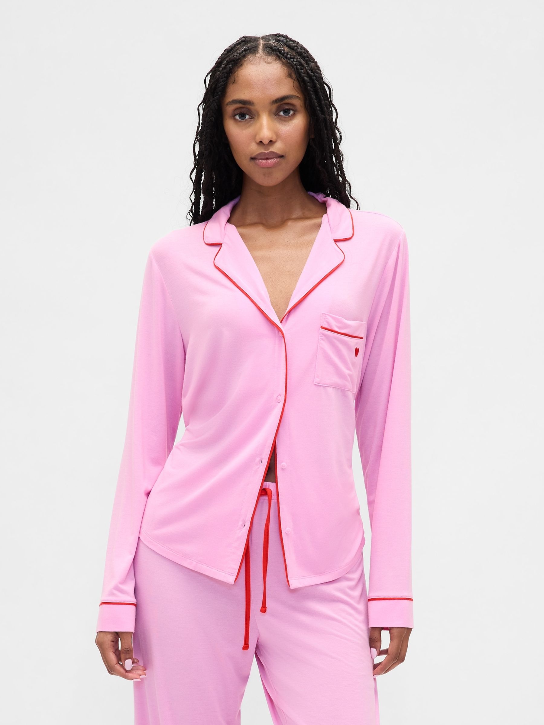 Pink Valentines Heart Modal Long Sleeve Pyjama Top - Image 1 of 3