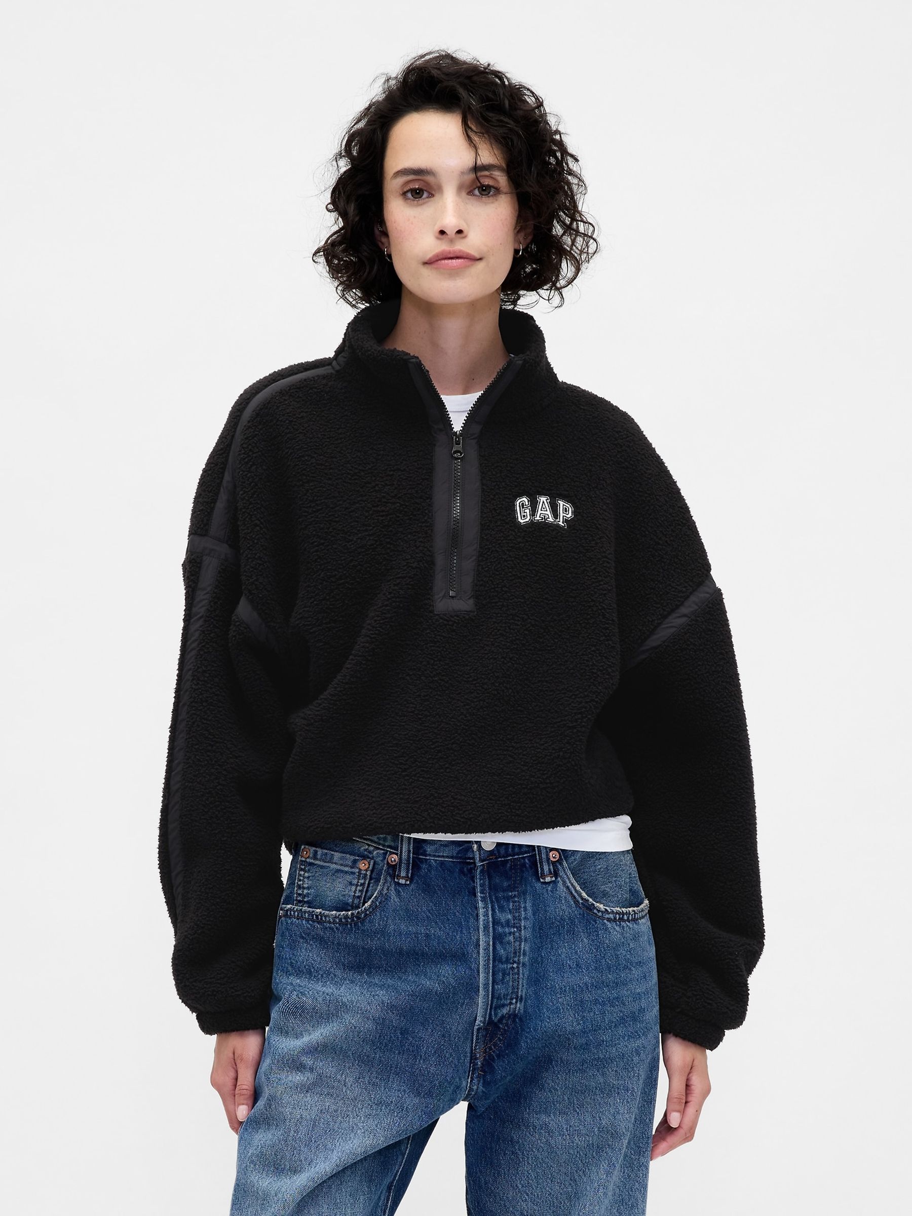 Black Oversized Cropped Half-Zip Sweatshirt - Image 1 of 4