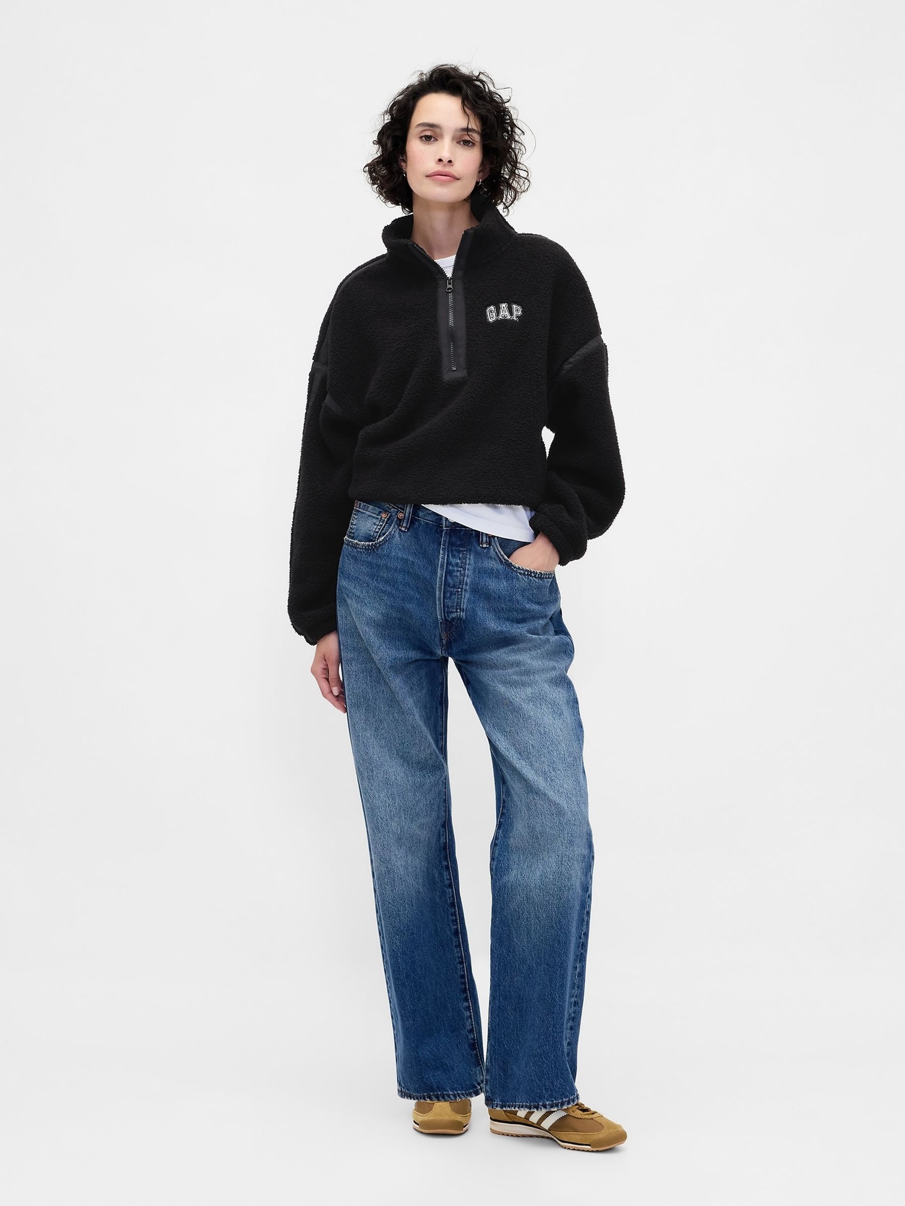 Black Oversized Cropped Half-Zip Sweatshirt - Image 3 of 4