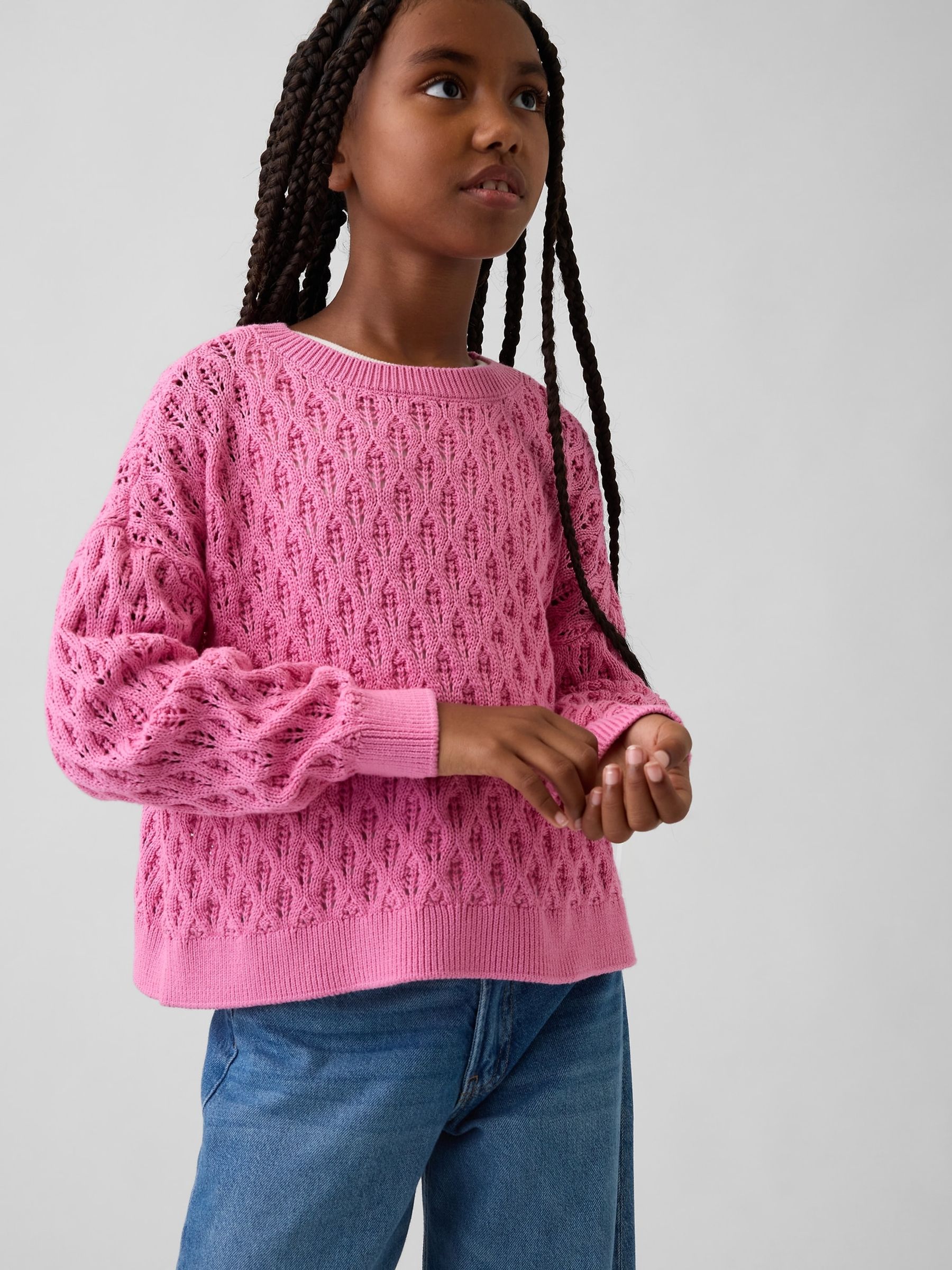 Pink Crochet Oversized Crew Neck Jumper - Image 1 of 5