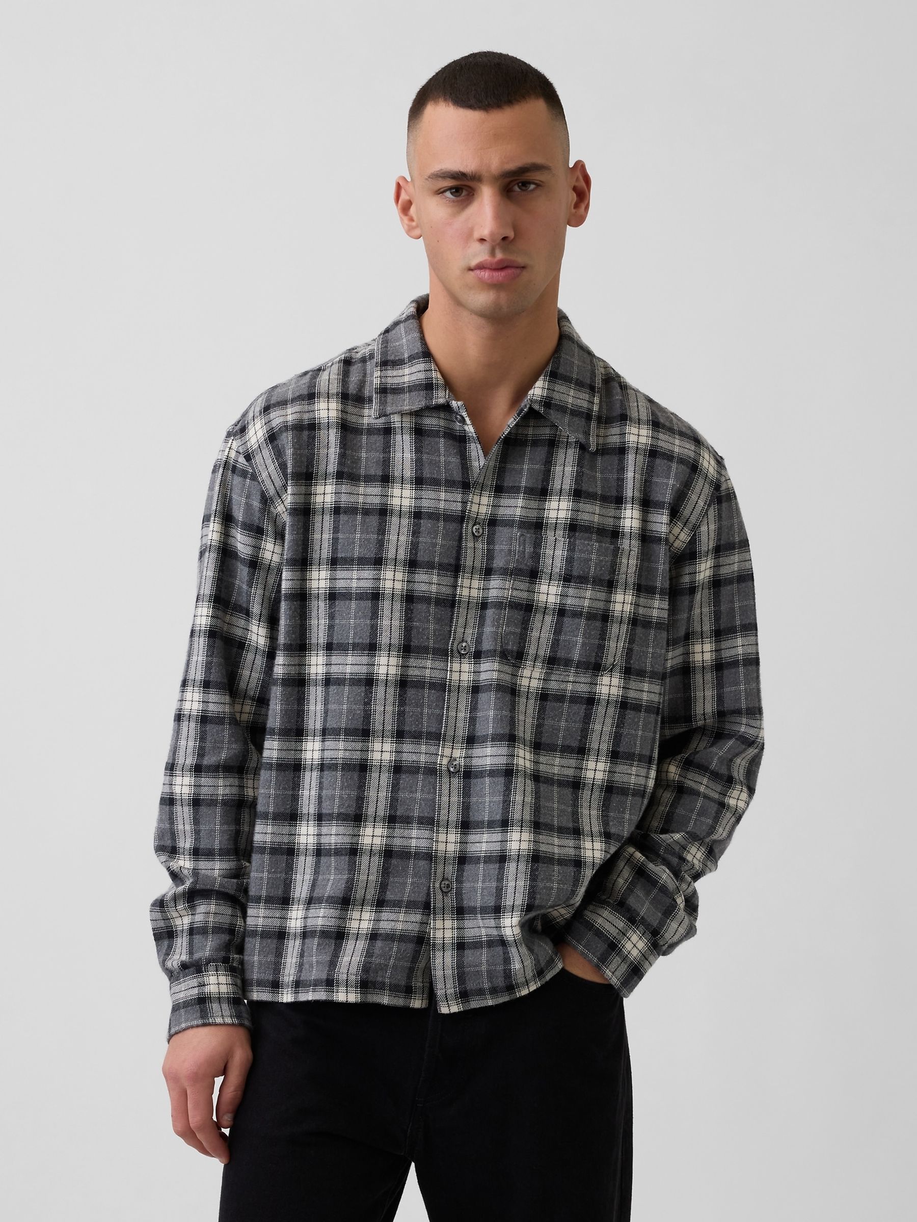 Grey Cotton Relaxed Flannel Shirt - Image 1 of 4