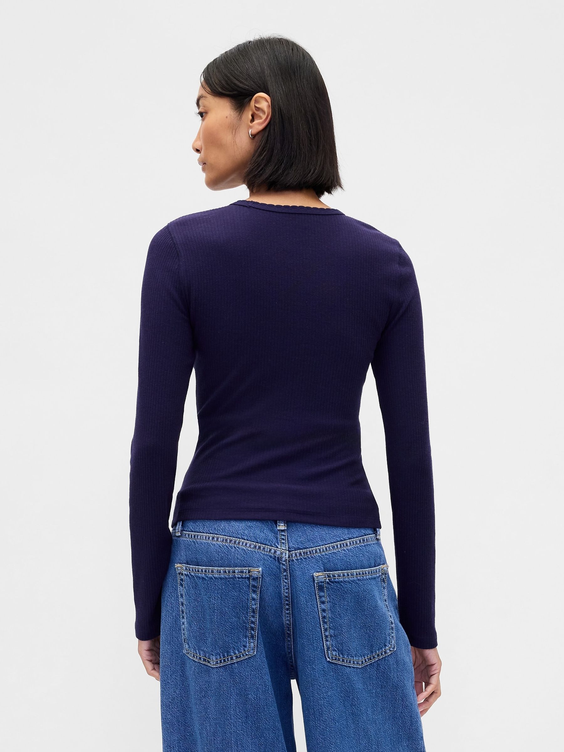 Navy Blue Pointelle Rib T-Shirt - Image 2 of 4 Navy Blue Pointelle Rib T-Shirt - Image 2 of 4