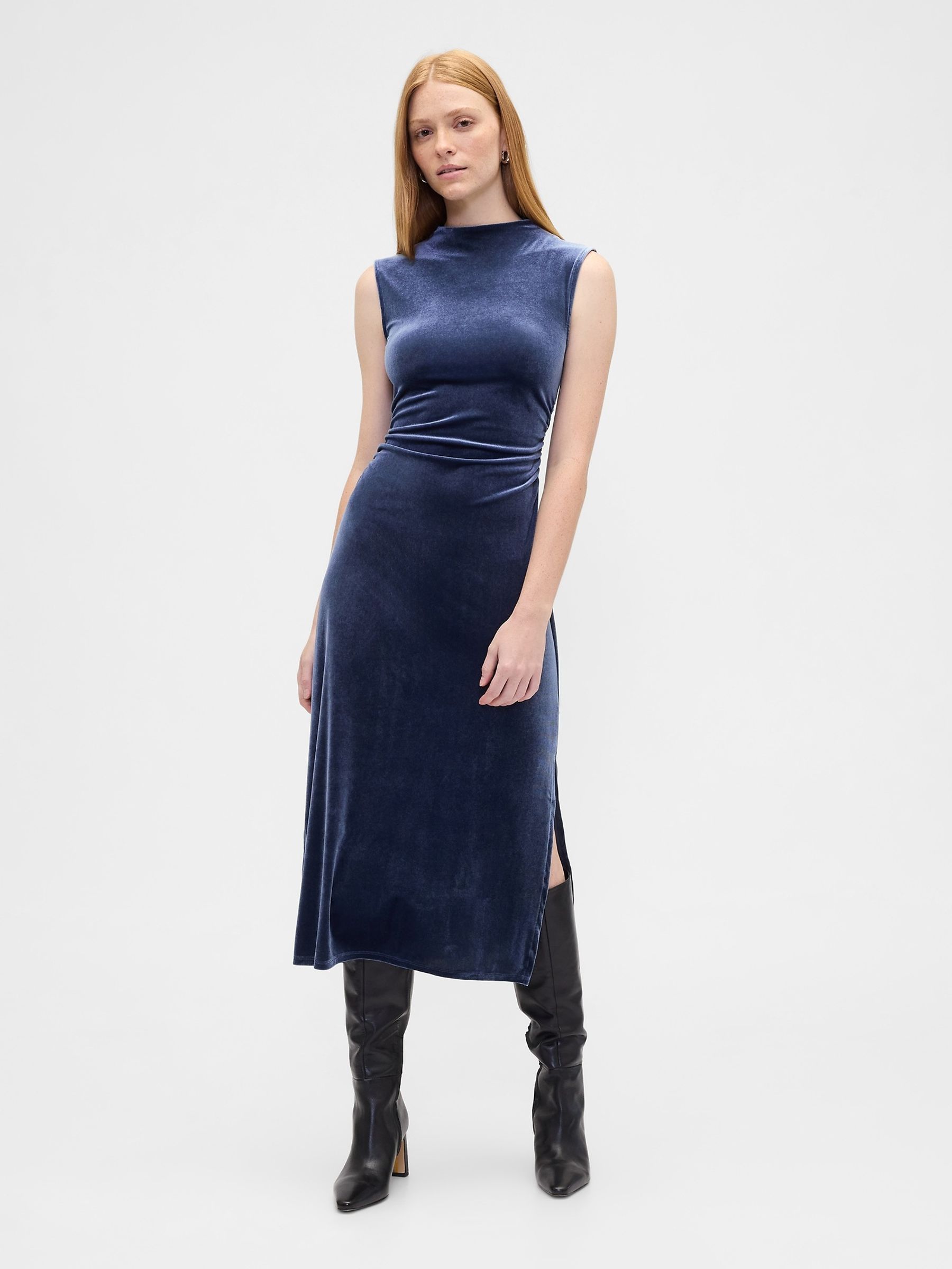 Blue Ruched Velvet Mock Neck Midi Dress - Image 1 of 6 Blue Ruched Velvet Mock Neck Midi Dress - Image 1 of 6
