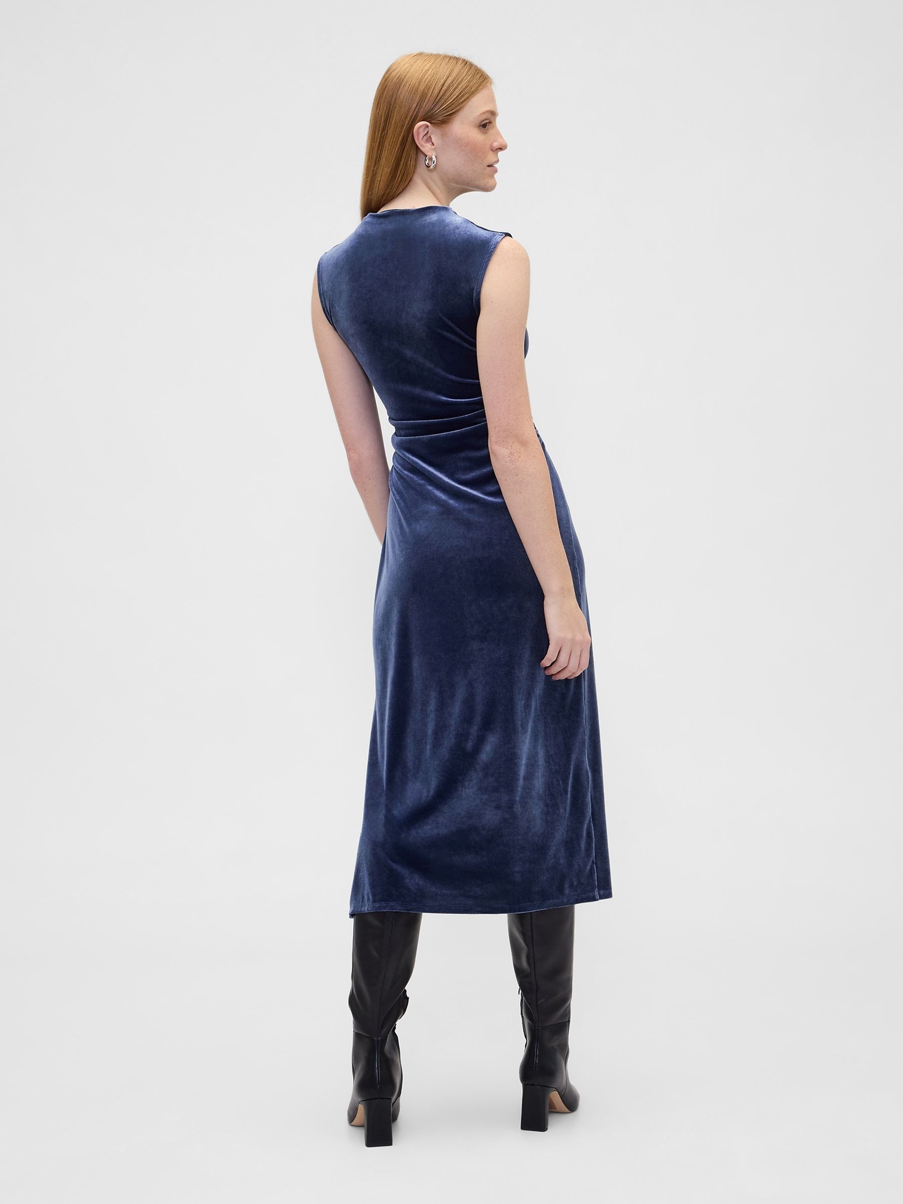 Blue Ruched Velvet Mock Neck Midi Dress - Image 2 of 6 Blue Ruched Velvet Mock Neck Midi Dress - Image 2 of 6