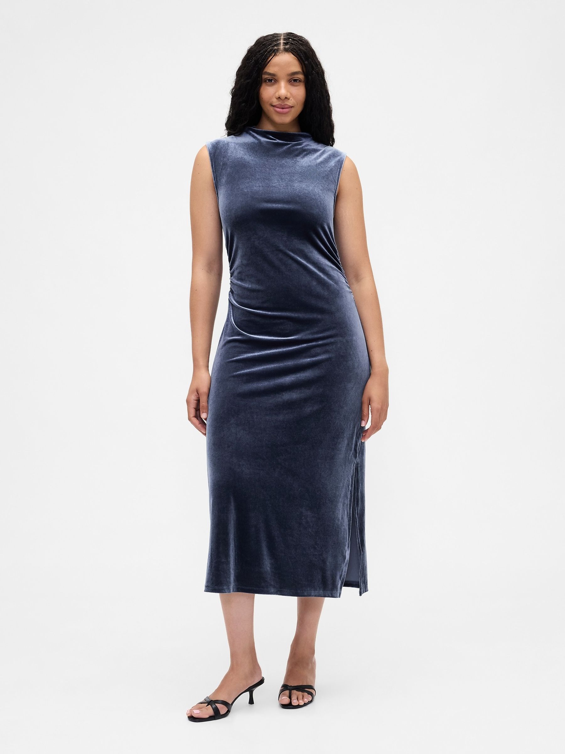 Blue Ruched Velvet Mock Neck Midi Dress - Image 4 of 6