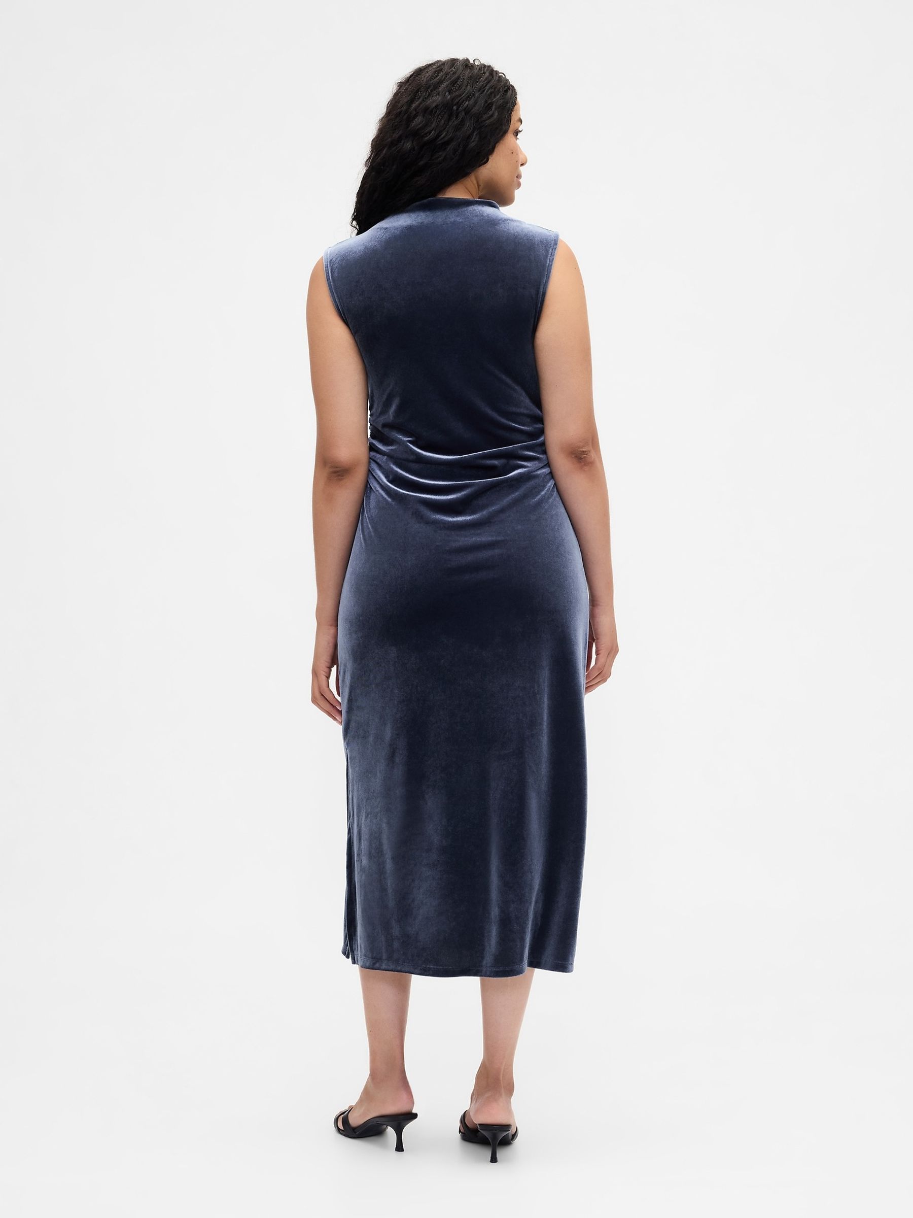 Blue Ruched Velvet Mock Neck Midi Dress - Image 5 of 6