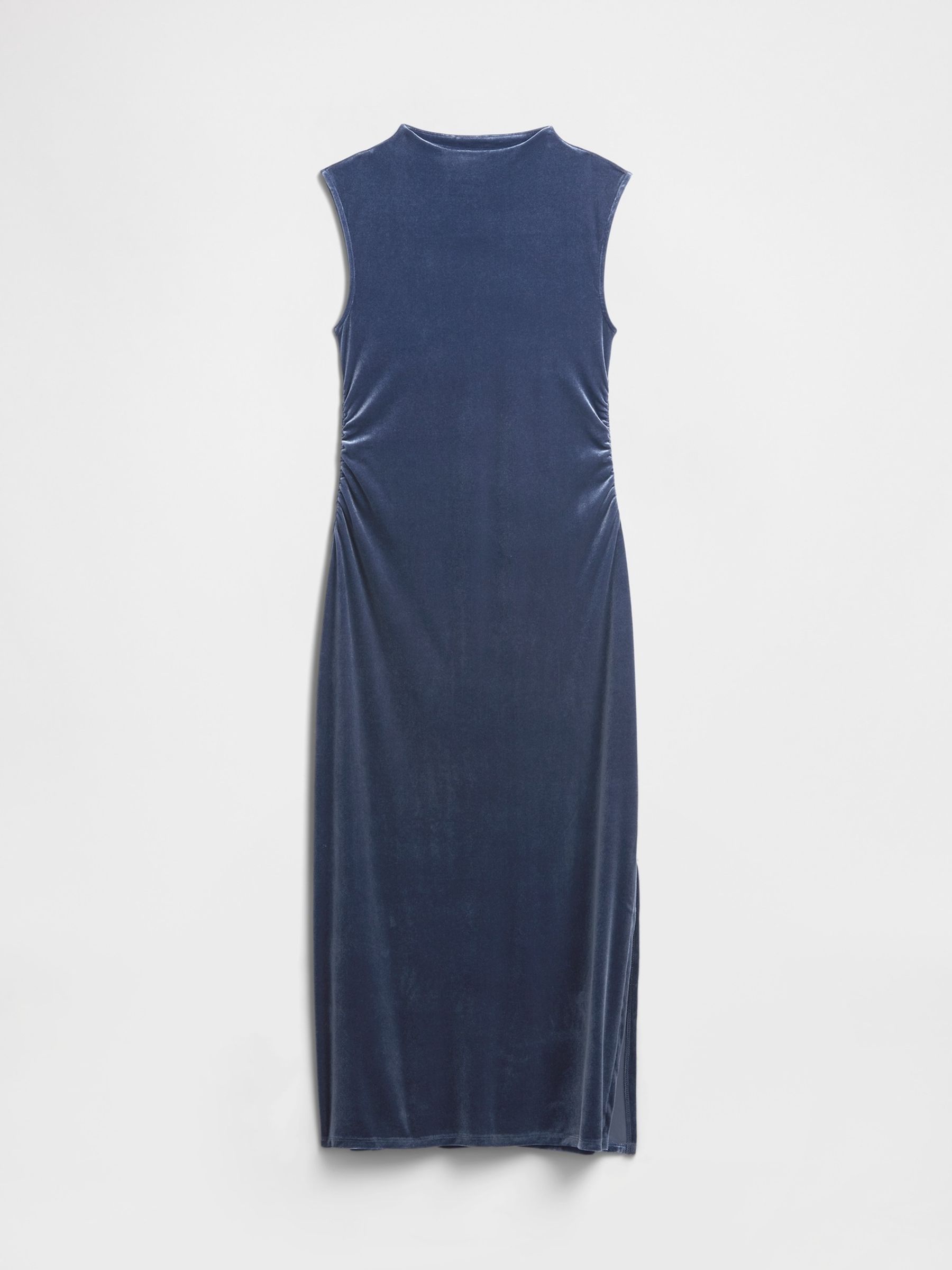 Blue Ruched Velvet Mock Neck Midi Dress - Image 6 of 6