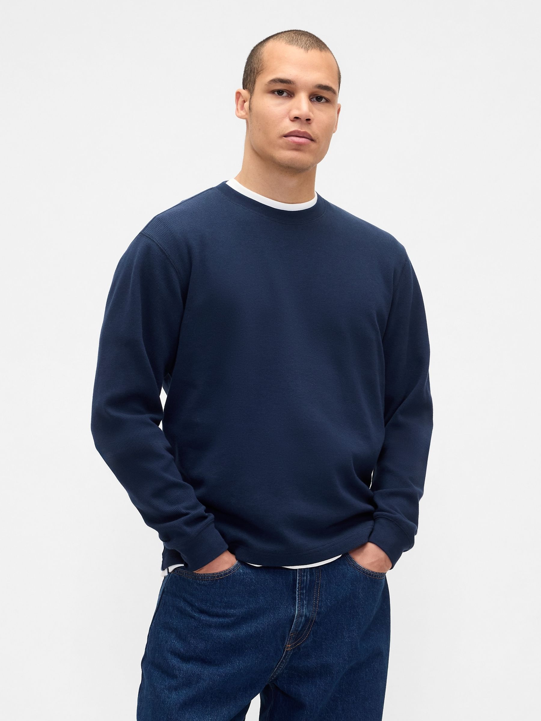Navy Blue Waffle Crew neck T-Shirt - Image 1 of 4