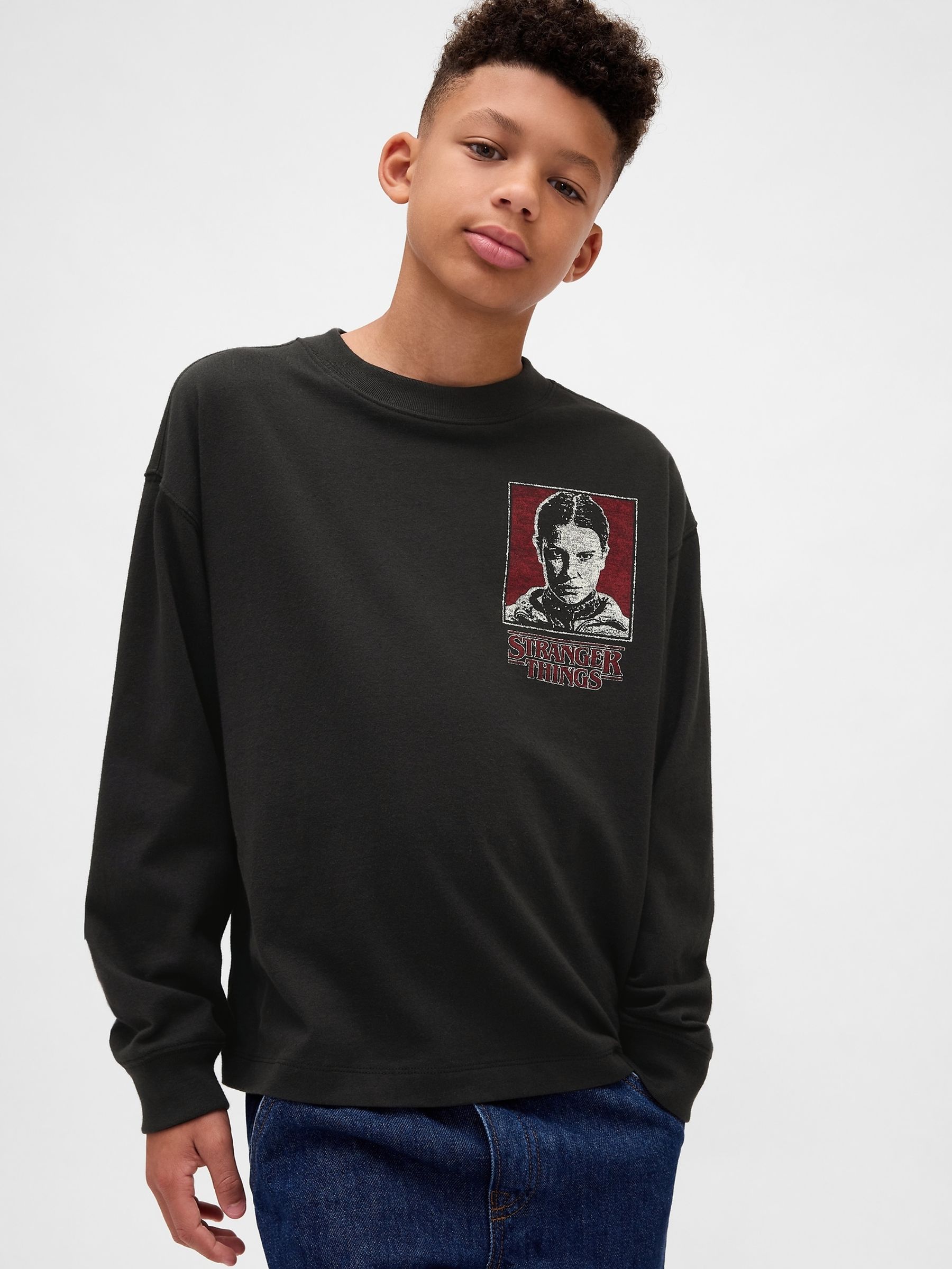 Black Stranger Things Long Sleeve Graphic T-Shirt - Image 1 of 4