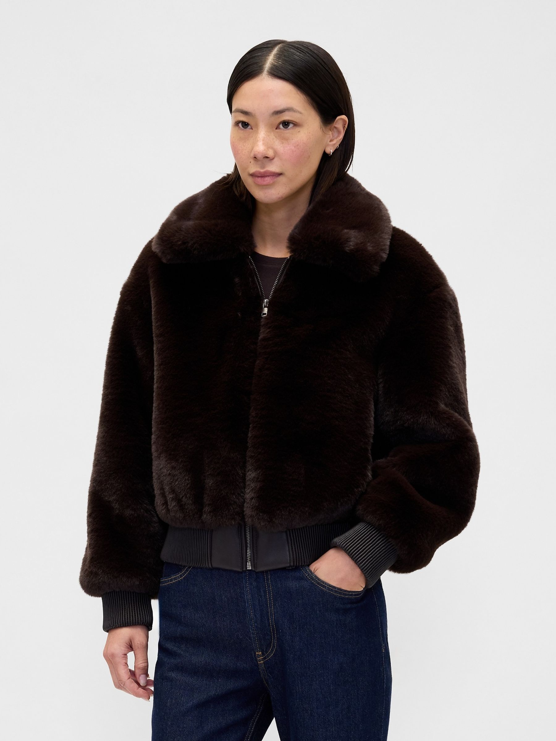 Brown Faux Fur Bomber Jacket - Image 1 of 4