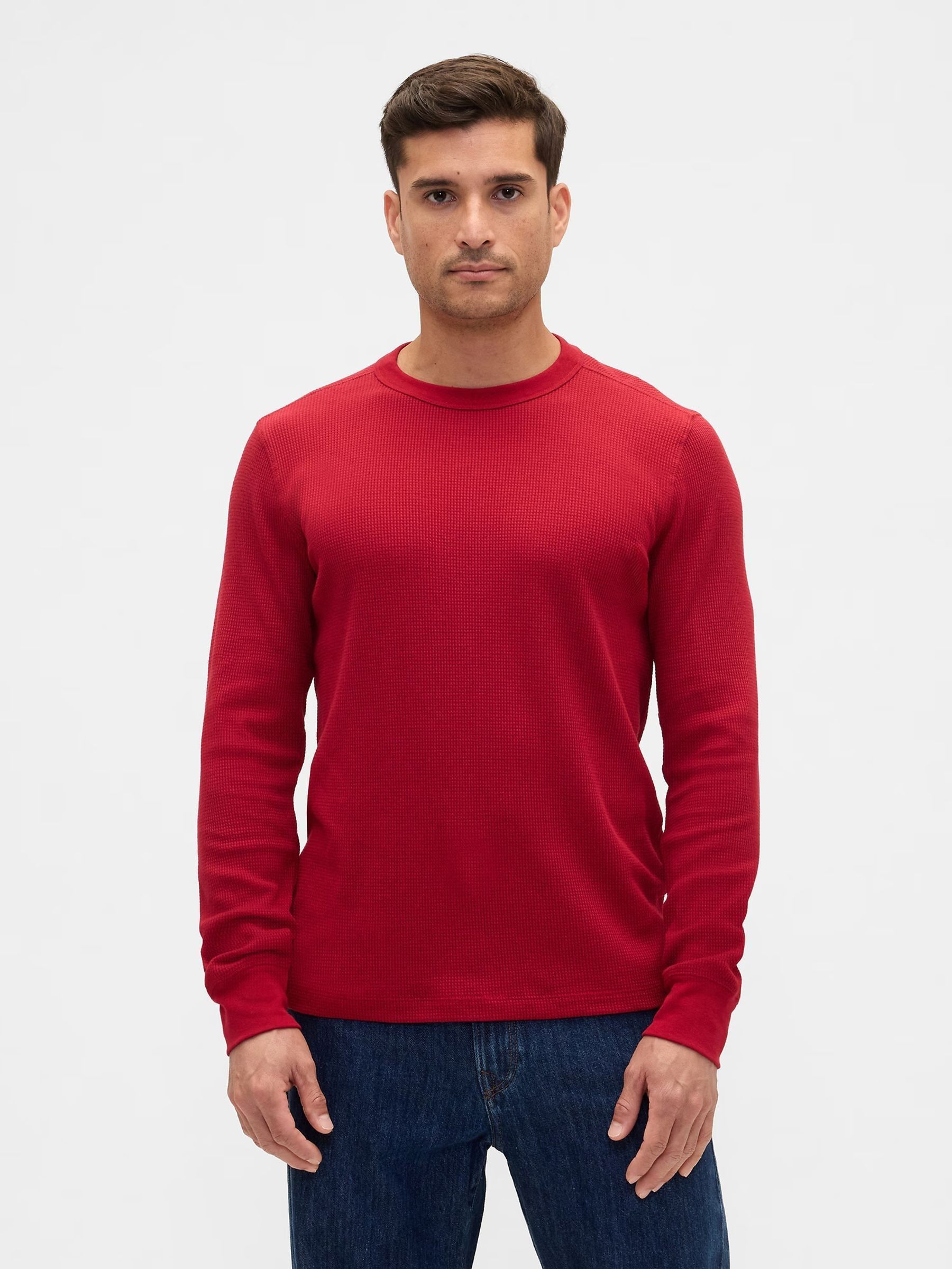 Red Waffle Knit Crew Neck T-Shirt - Image 1 of 5 Red Waffle Knit Crew Neck T-Shirt - Image 1 of 5