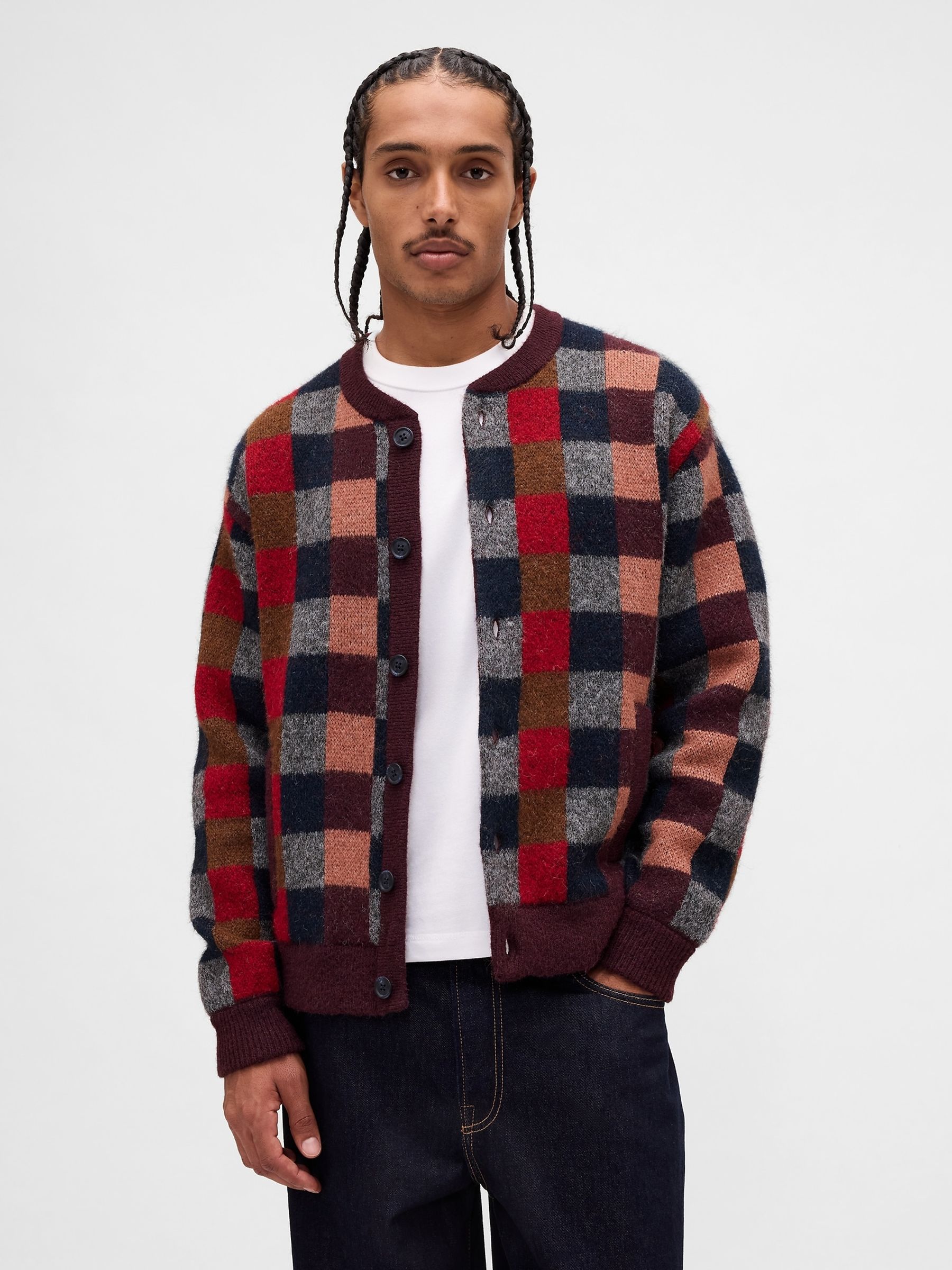 Burgundy Red Check Fuzzy Relaxed Crew Neck Cardigan - Image 1 of 4