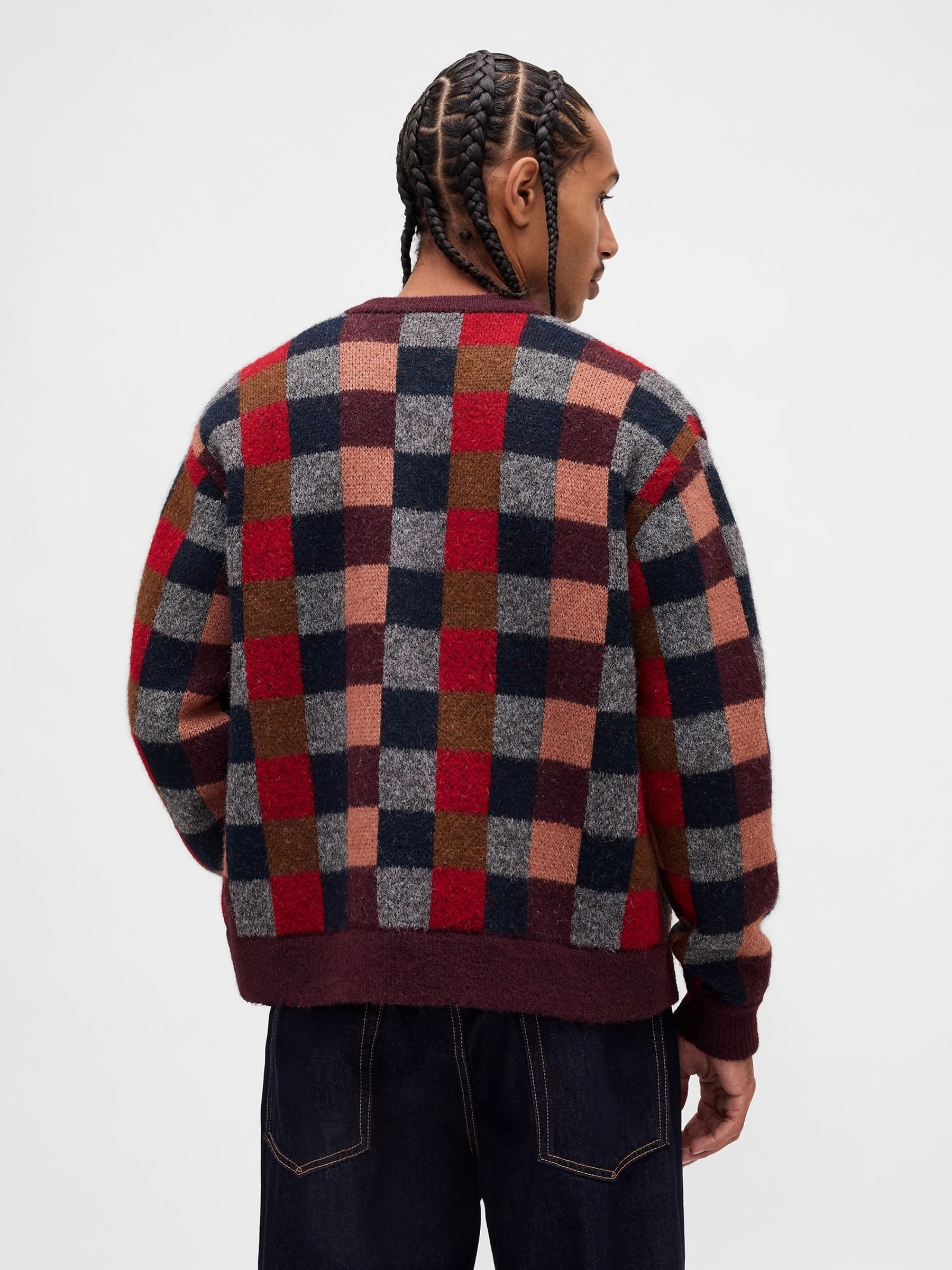 Burgundy Red Check Fuzzy Relaxed Crew Neck Cardigan - Image 2 of 4 Burgundy Red Check Fuzzy Relaxed Crew Neck Cardigan - Image 2 of 4