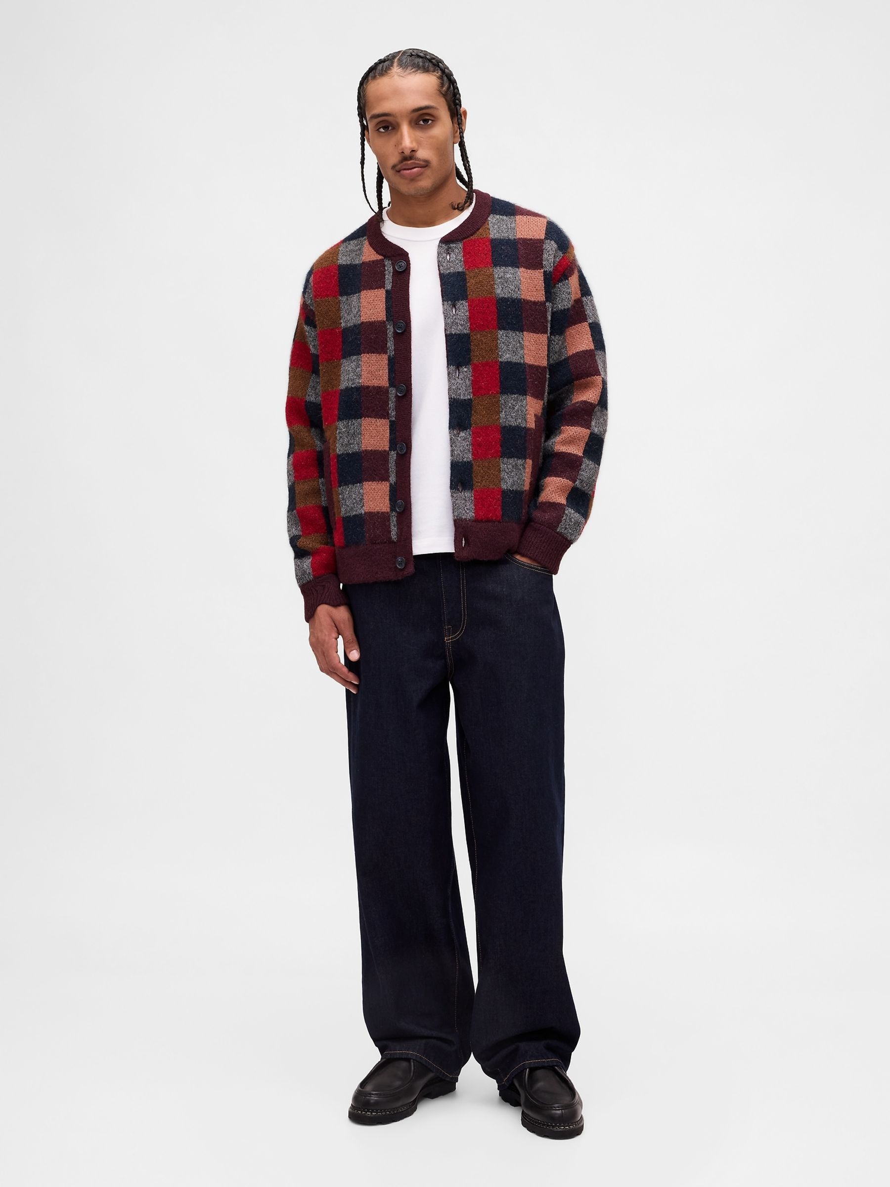 Burgundy Red Check Fuzzy Relaxed Crew Neck Cardigan - Image 3 of 4