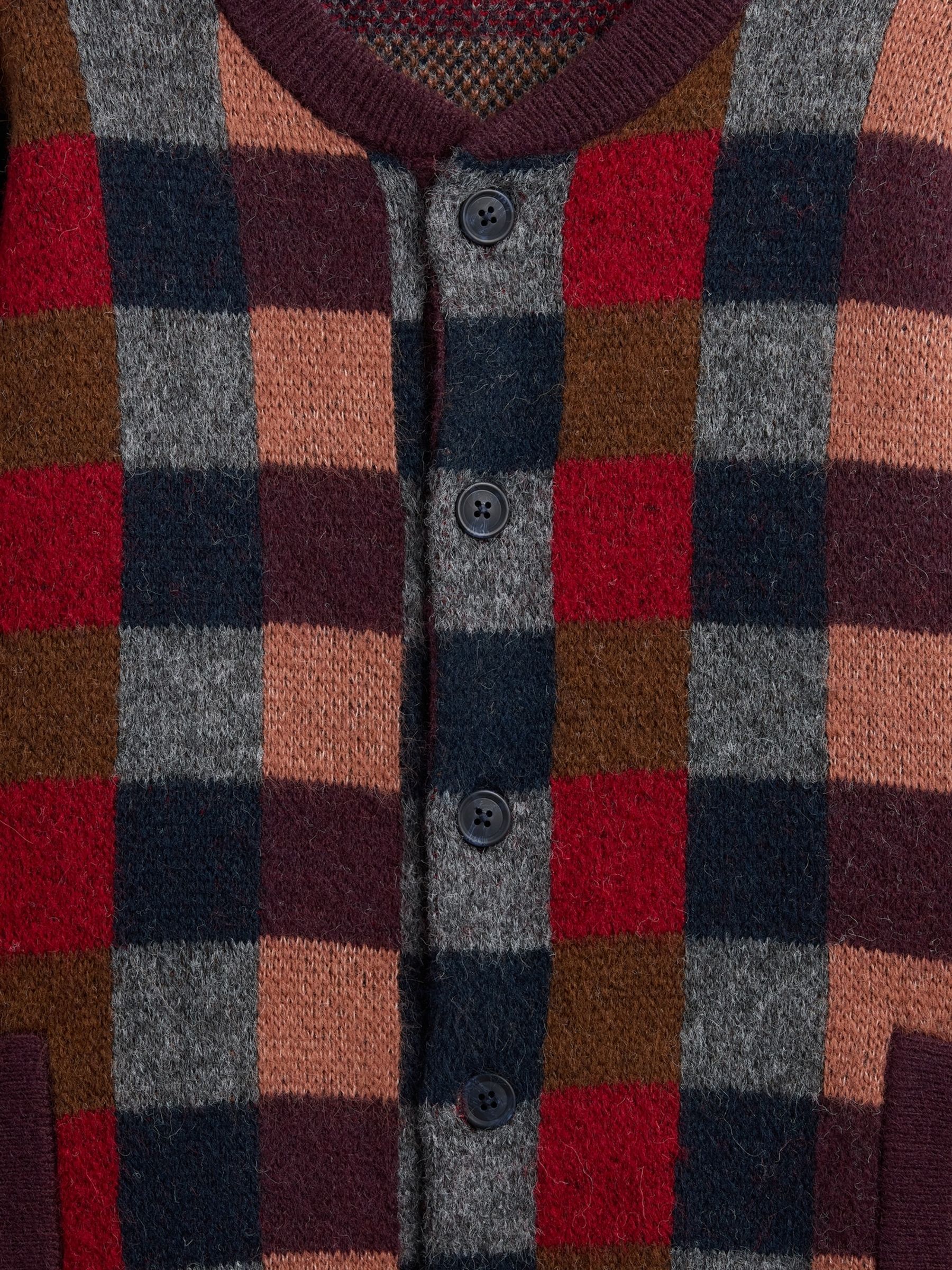 Burgundy Red Check Fuzzy Relaxed Crew Neck Cardigan - Image 4 of 4
