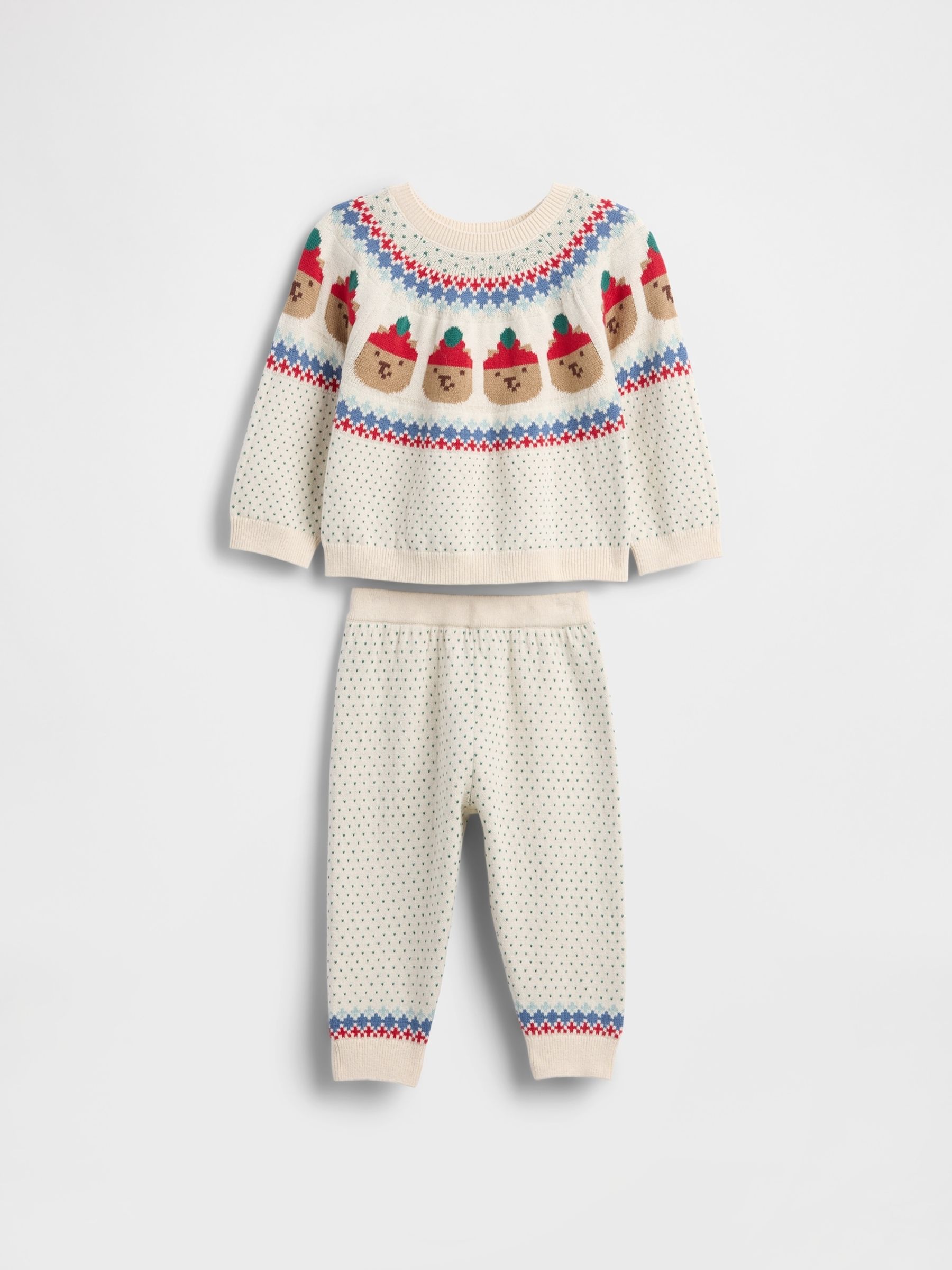 Cream Bear Fair Isle Pattern Jumper Outfit Set - Image 1 of 2 Cream Bear Fair Isle Pattern Jumper Outfit Set - Image 1 of 2
