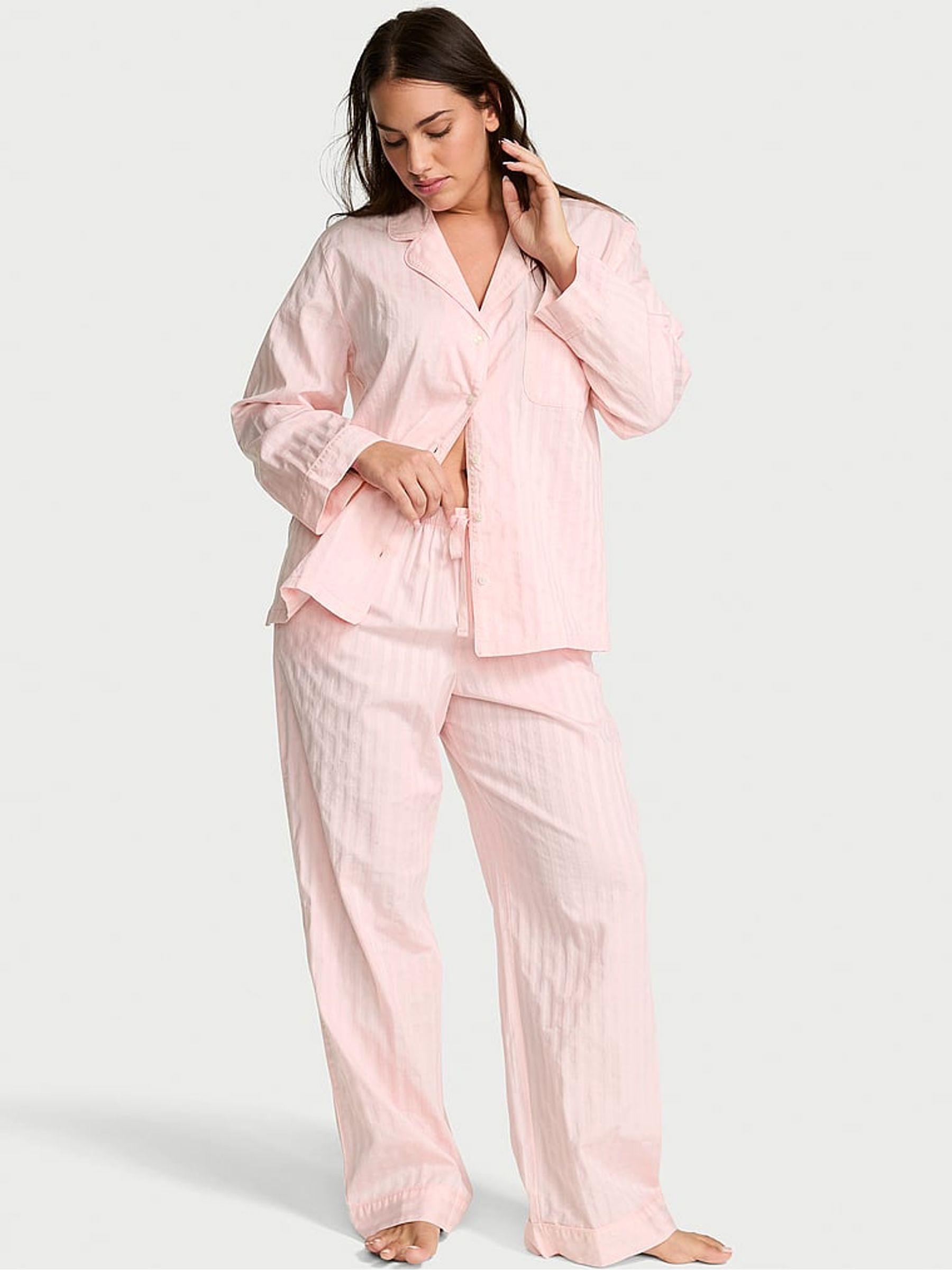 Pretty Blossom Pink Shadow Stripe Cotton Long Pyjama Set - Image 1 of 2