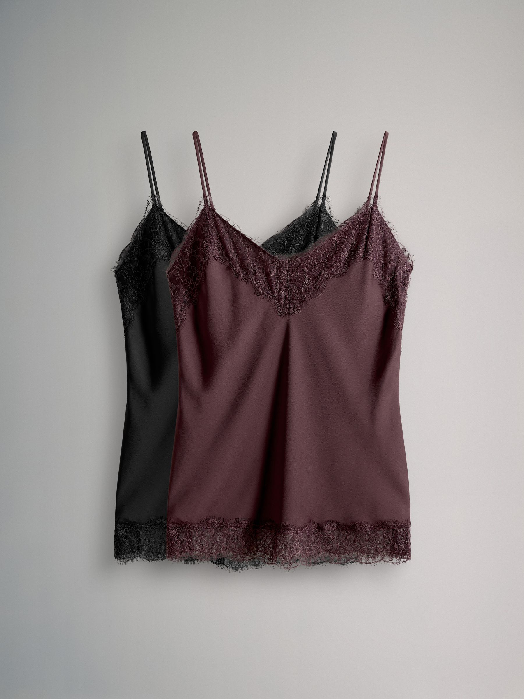 Black/ Burgundy Red 2 Pack Satin Crepe Lace Trim Camisole - Image 2 of 5