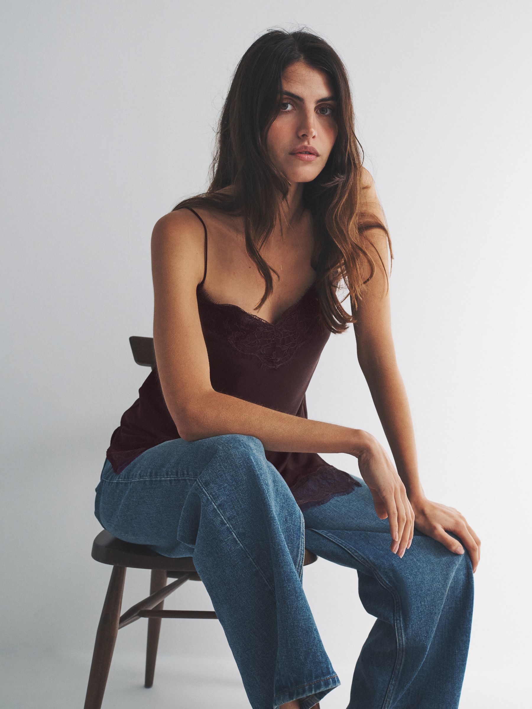 Black/ Burgundy Red 2 Pack Satin Crepe Lace Trim Camisole - Image 3 of 5