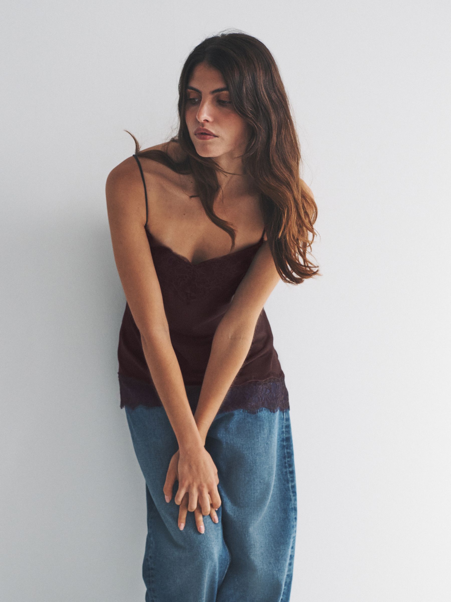 Black/ Burgundy Red 2 Pack Satin Crepe Lace Trim Camisole - Image 4 of 5