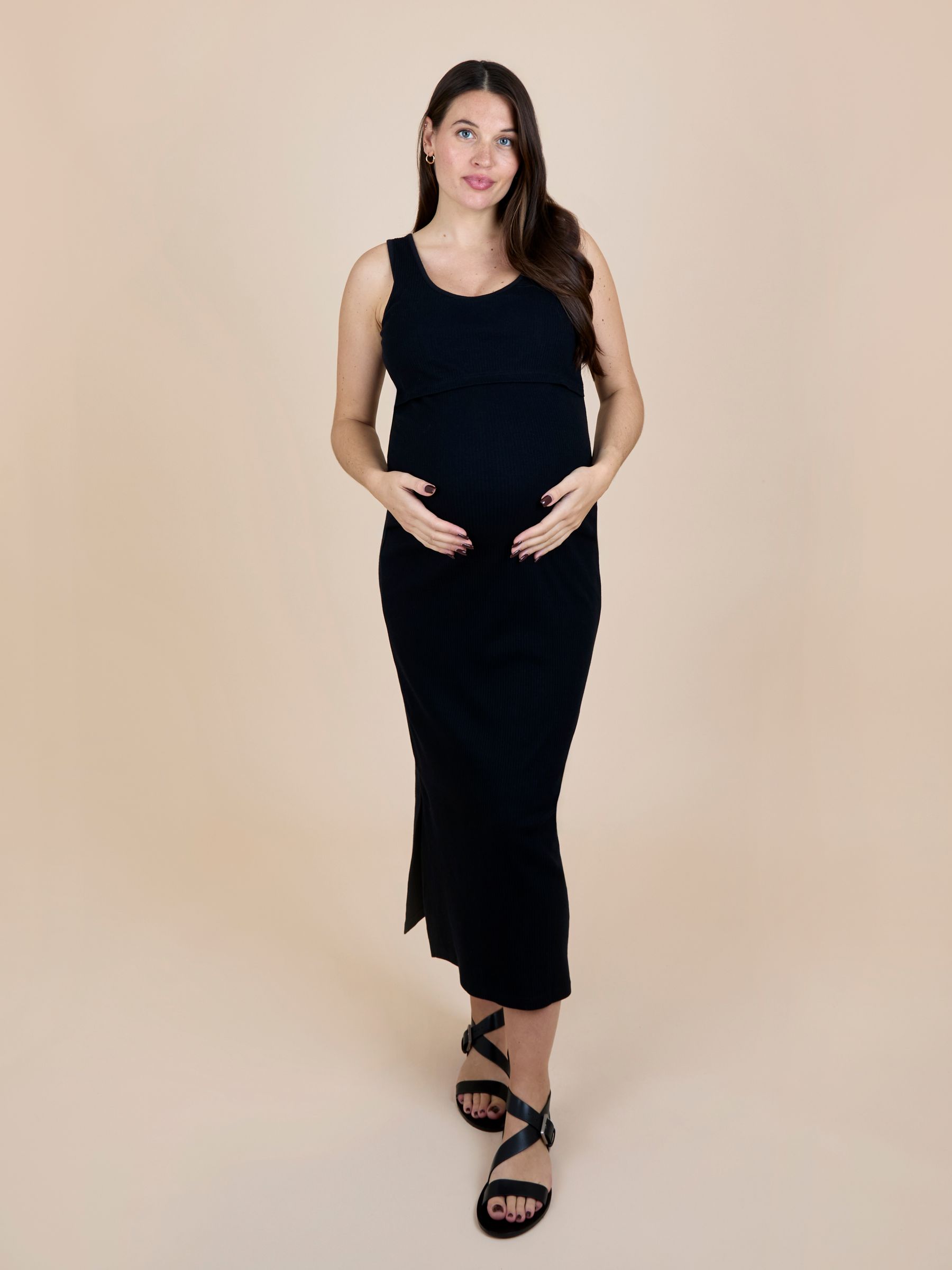 Black Sleeveless Ribbed Scoop Neck Midi Nursing Dress - Image 1 of 6