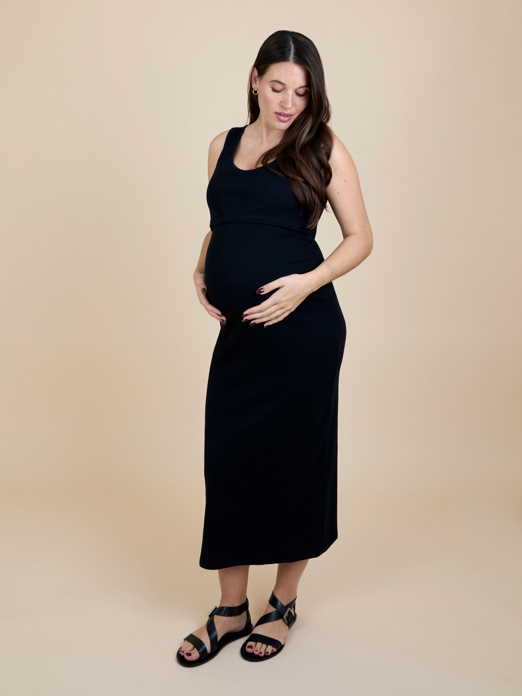 Black Sleeveless Ribbed Scoop Neck Midi Nursing Dress - Image 2 of 6