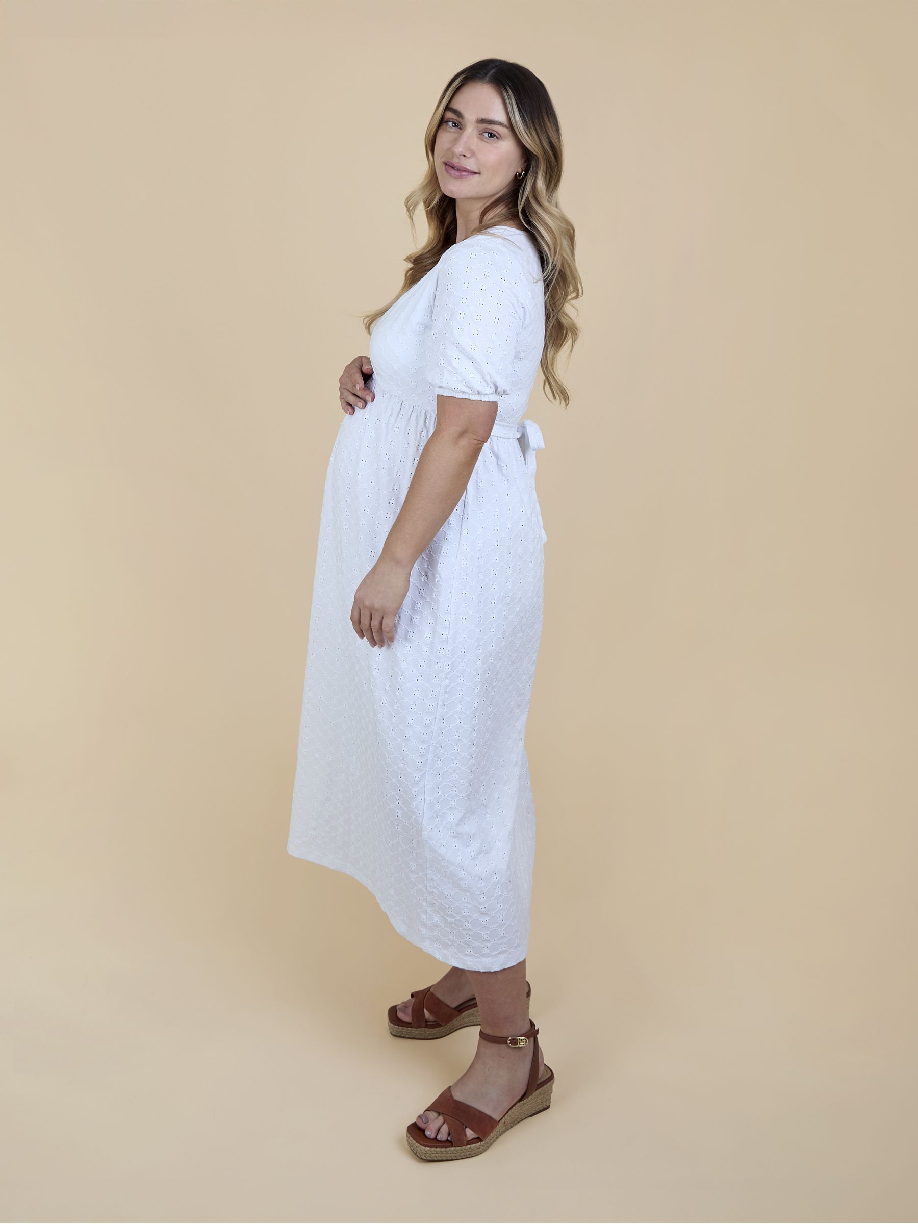 Pure White Puff Sleeve Broderie V Neck Wrap Midi Dress - Image 3 of 6