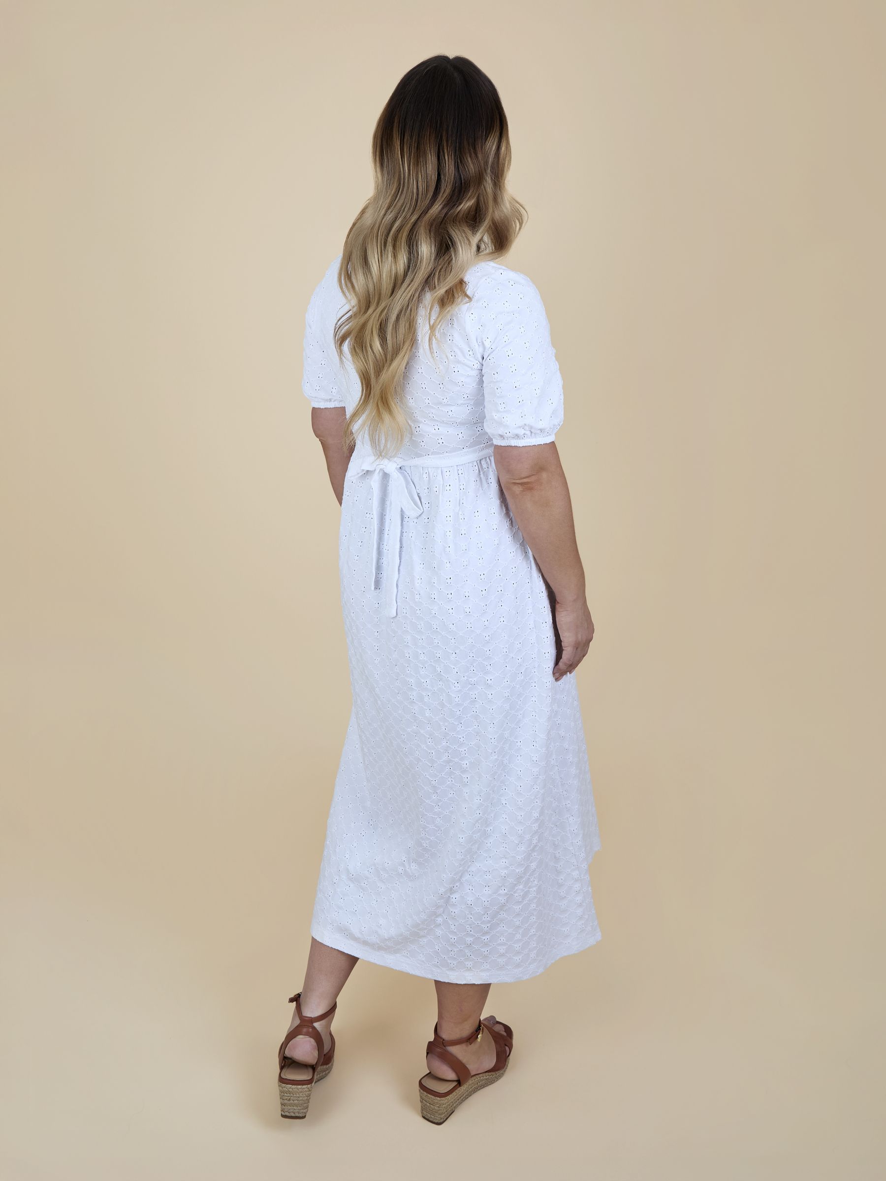 Pure White Puff Sleeve Broderie V Neck Wrap Midi Dress - Image 4 of 6