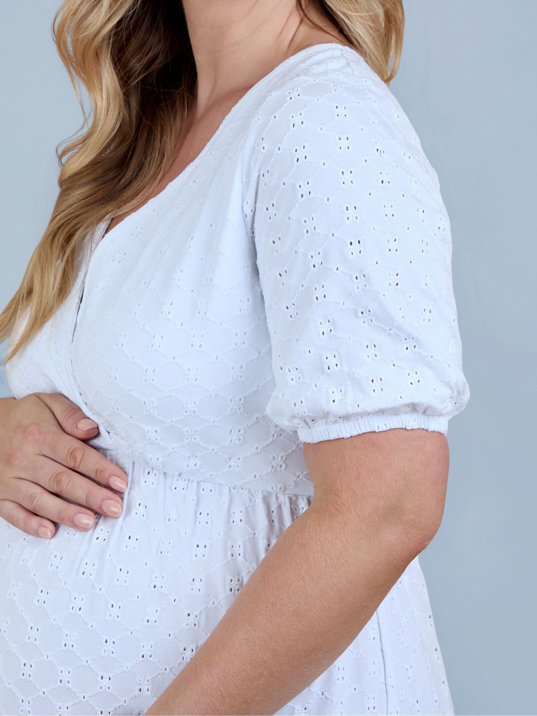 Pure White Puff Sleeve Broderie V Neck Wrap Midi Dress - Image 5 of 5