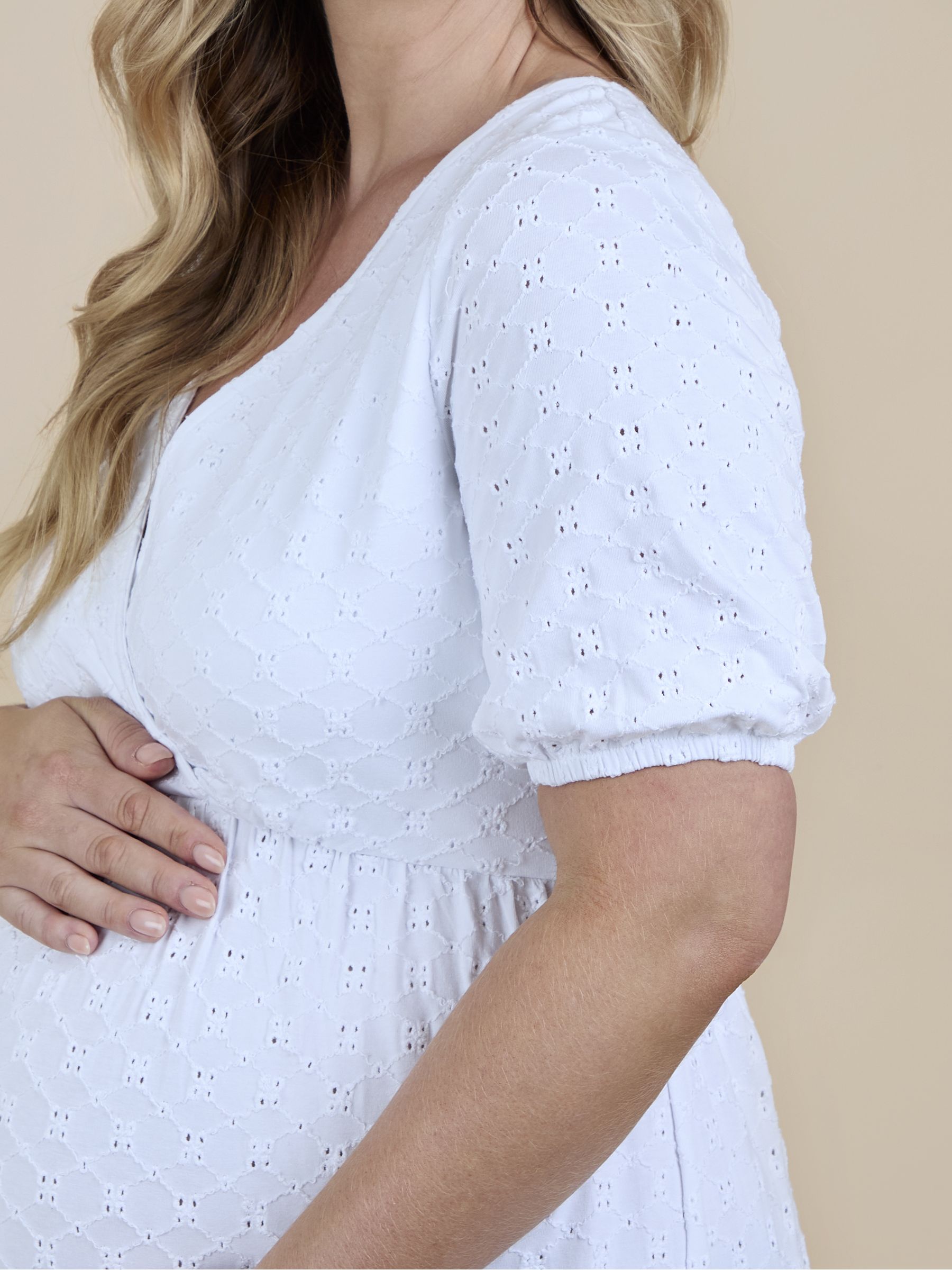 Pure White Puff Sleeve Broderie V Neck Wrap Midi Dress - Image 6 of 6