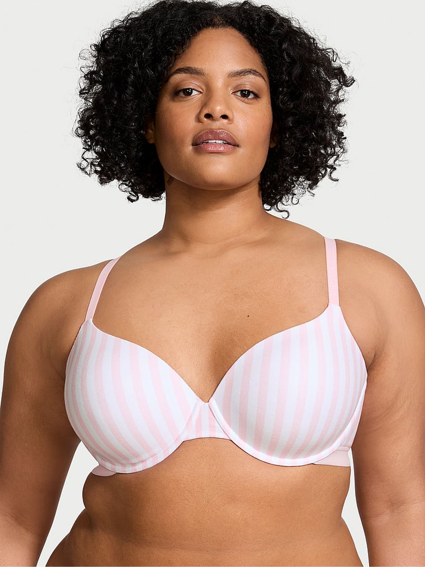 Pink Stripe Lightly Lined Demi Cotton Logo Bra - Image 1 of 2