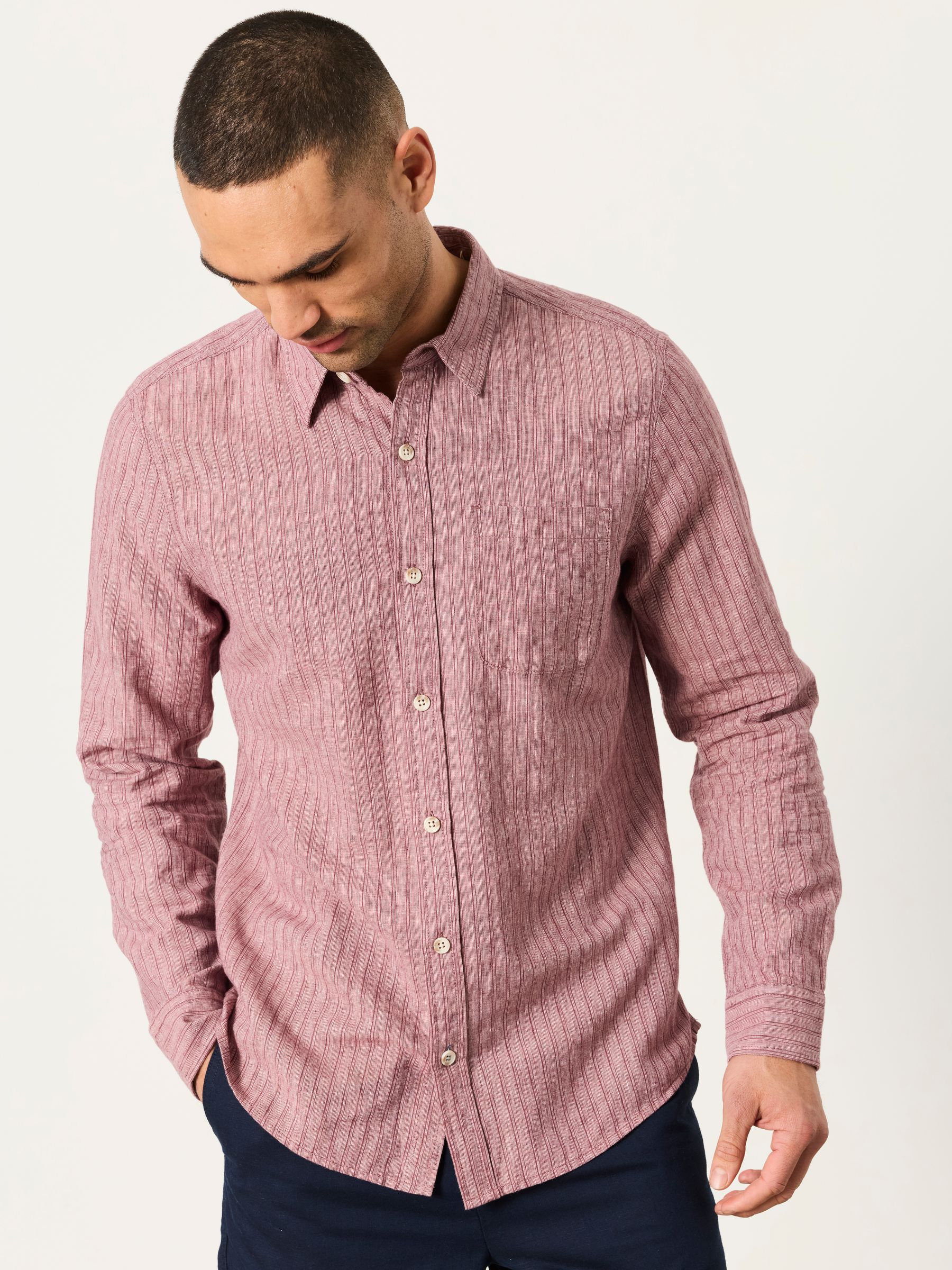Plum Purple Stripe Long Sleeve Linen Cotton Bugle Shirt - Image 1 of 5