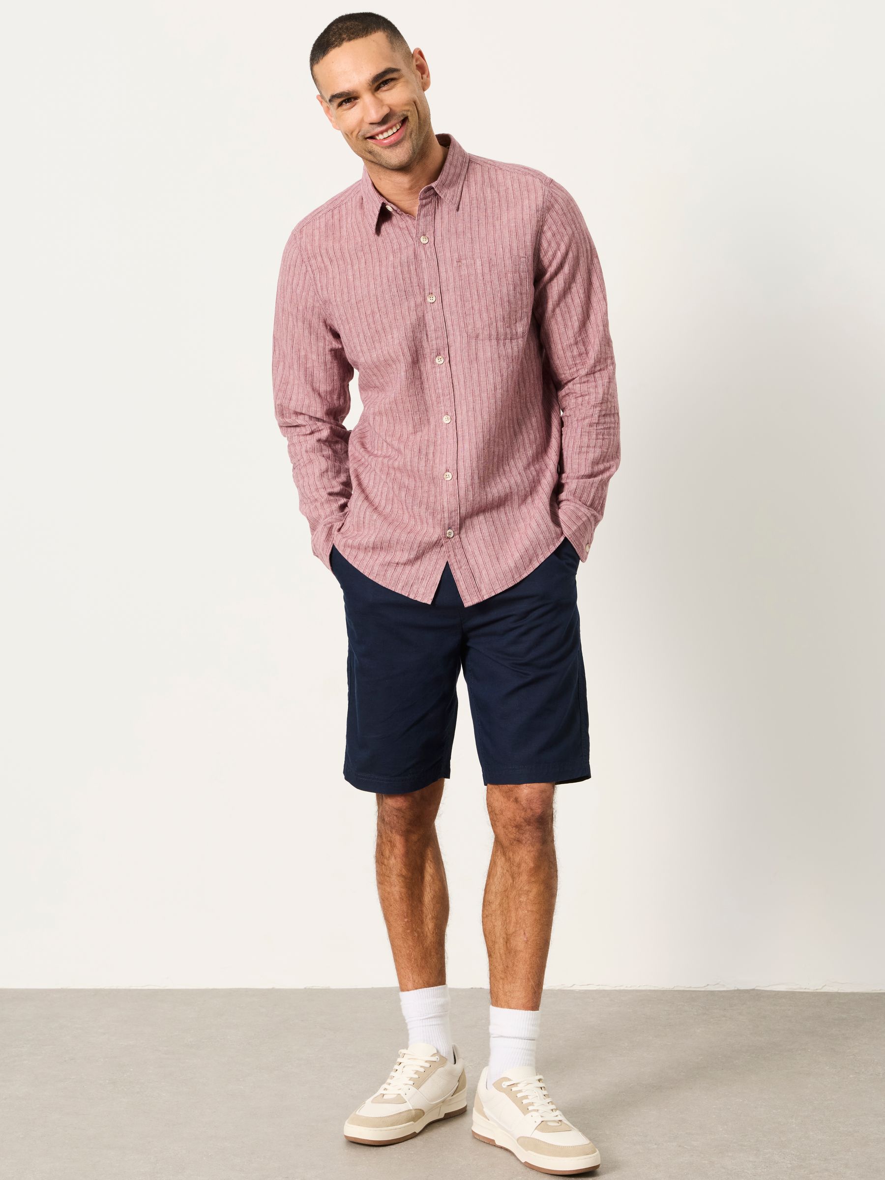 Plum Purple Stripe Long Sleeve Linen Cotton Bugle Shirt - Image 3 of 5