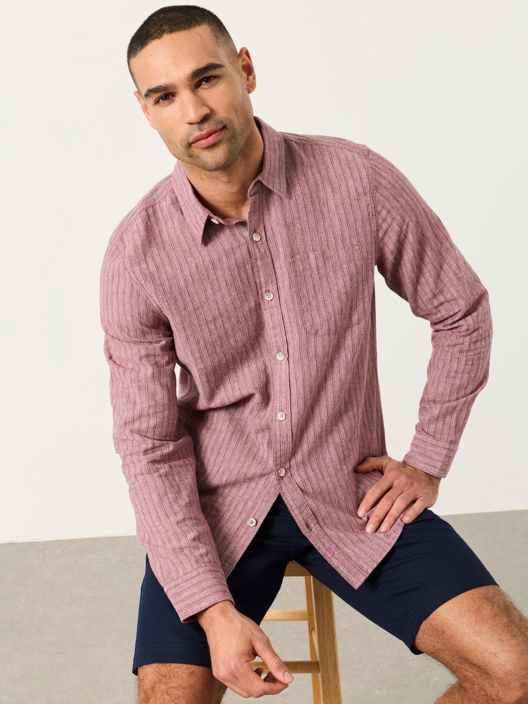 Plum Purple Stripe Long Sleeve Linen Cotton Bugle Shirt - Image 5 of 5