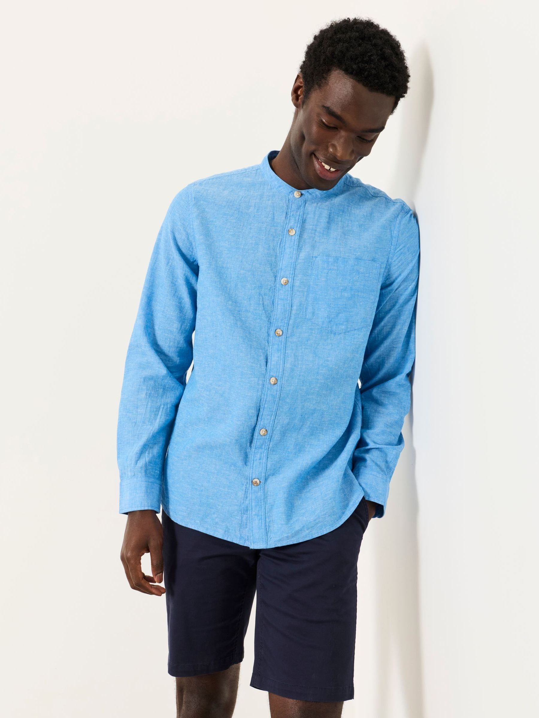Bugle Bright Blue Long Sleeve Grandad Linen Cotton Shirt - Image 1 of 5