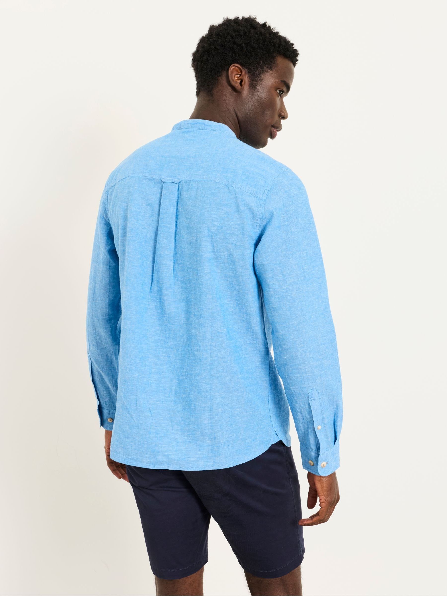 Bugle Bright Blue Long Sleeve Grandad Linen Cotton Shirt - Image 2 of 5