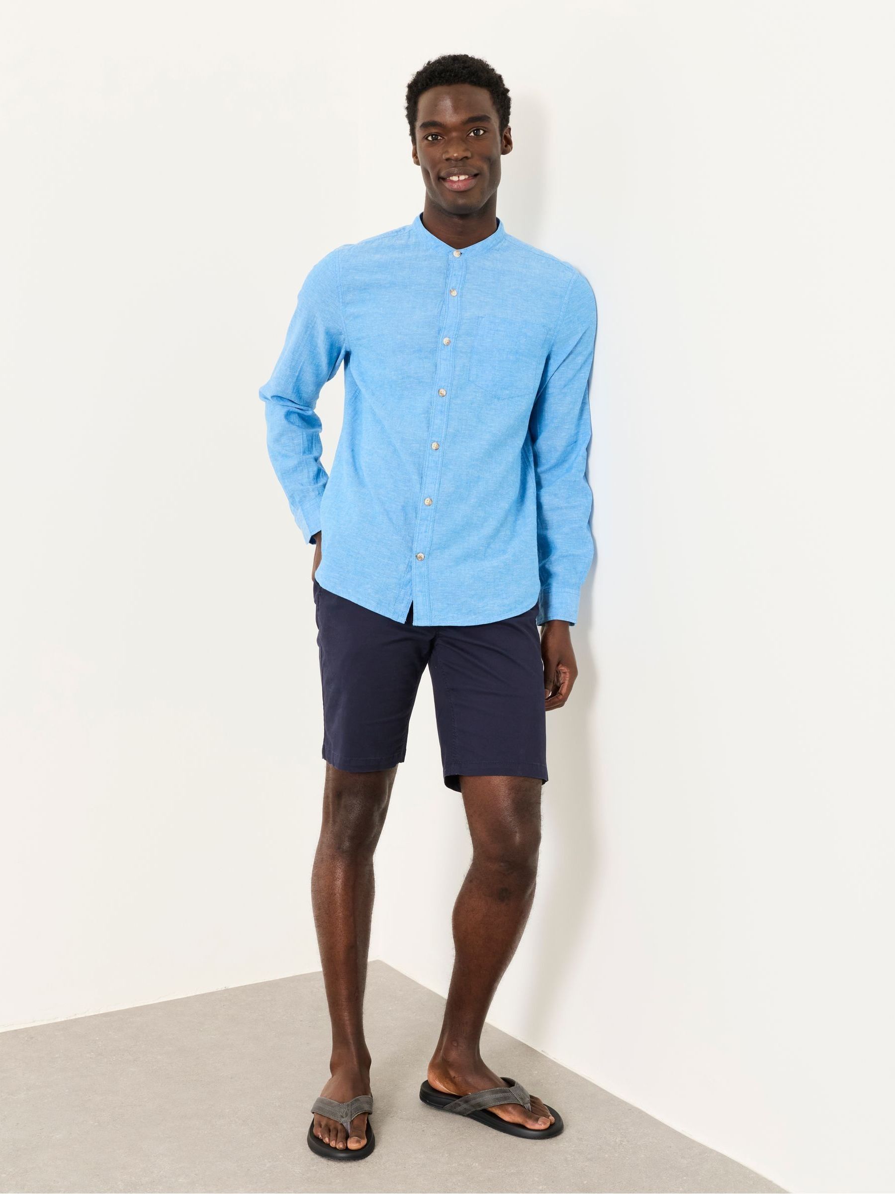 Bugle Bright Blue Long Sleeve Grandad Linen Cotton Shirt - Image 3 of 5